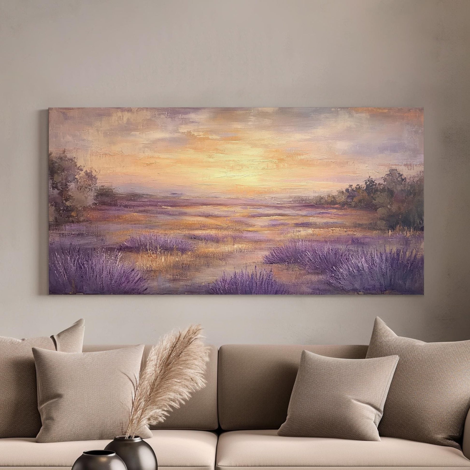 Provence Lavender Sunset Canvas Art | Impasto Palette Knife Print | Tranquil Bohemian Wall Art For Bedroom Horizontal Art