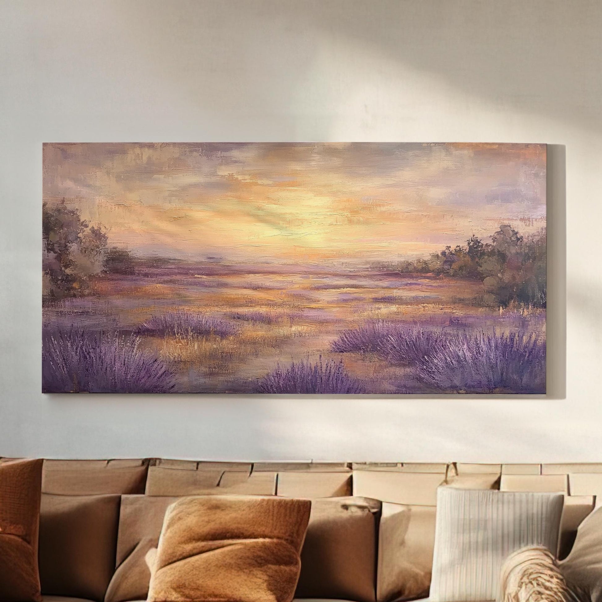 Provence Lavender Sunset Canvas Art | Impasto Palette Knife Print | Tranquil Bohemian Wall Art For Bedroom Horizontal Art
