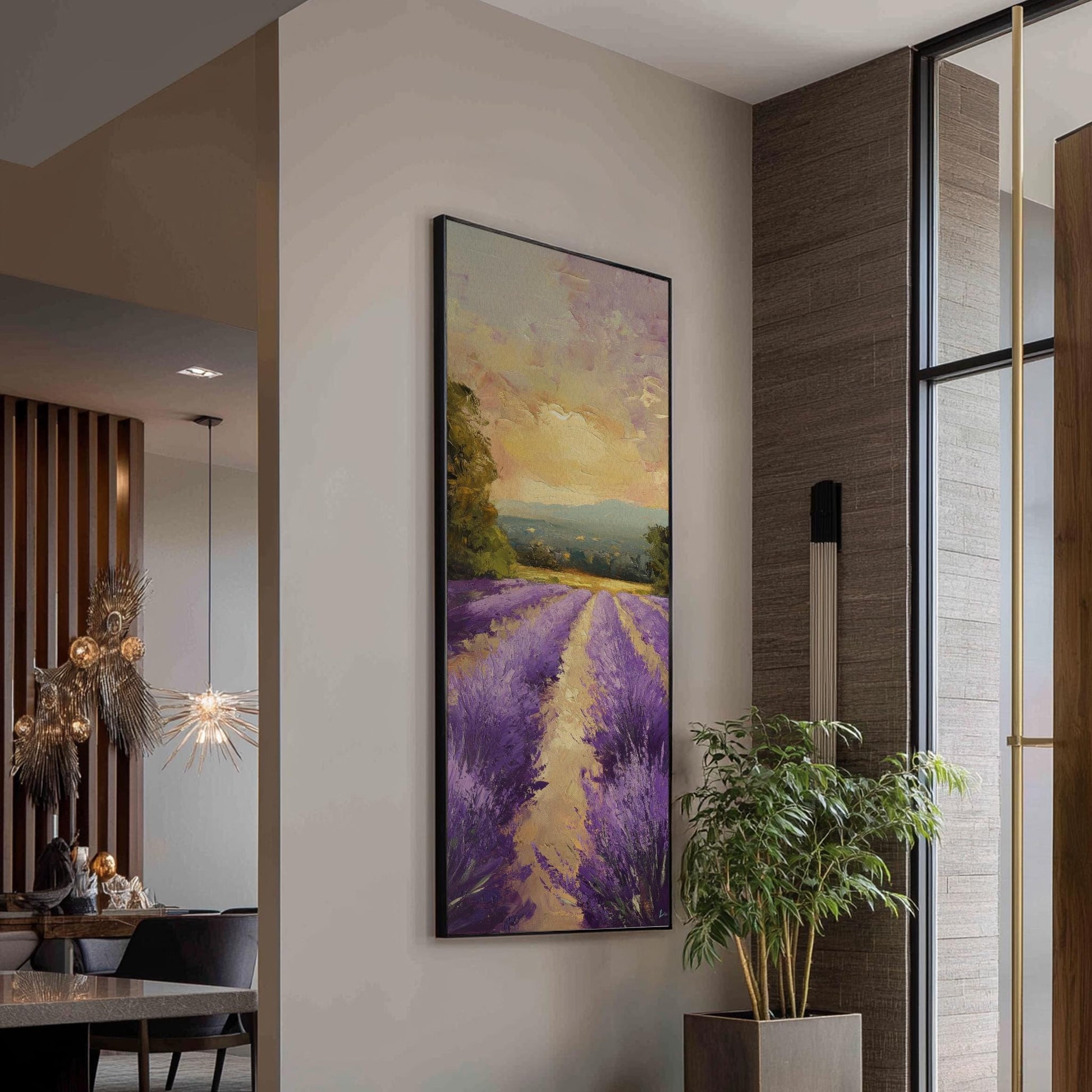 Provence Lavender Fields Canvas Art | Impasto Palette Knife Print | Bohemian Wall Art For Living Room | Honeyed Sunset Art Long Vertical Art