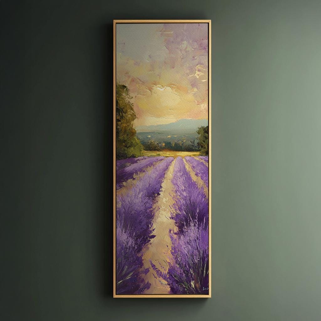 Provence Lavender Fields Canvas Art | Impasto Palette Knife Print | Bohemian Wall Art For Living Room | Honeyed Sunset Art Long Vertical Art