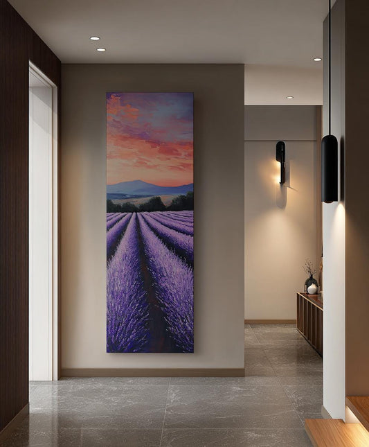 Provence Lavender Fields Canvas Art | Impasto Palette Knife Print | Bohemian Maximalist Wall Art For Living Room Long Vertical Art