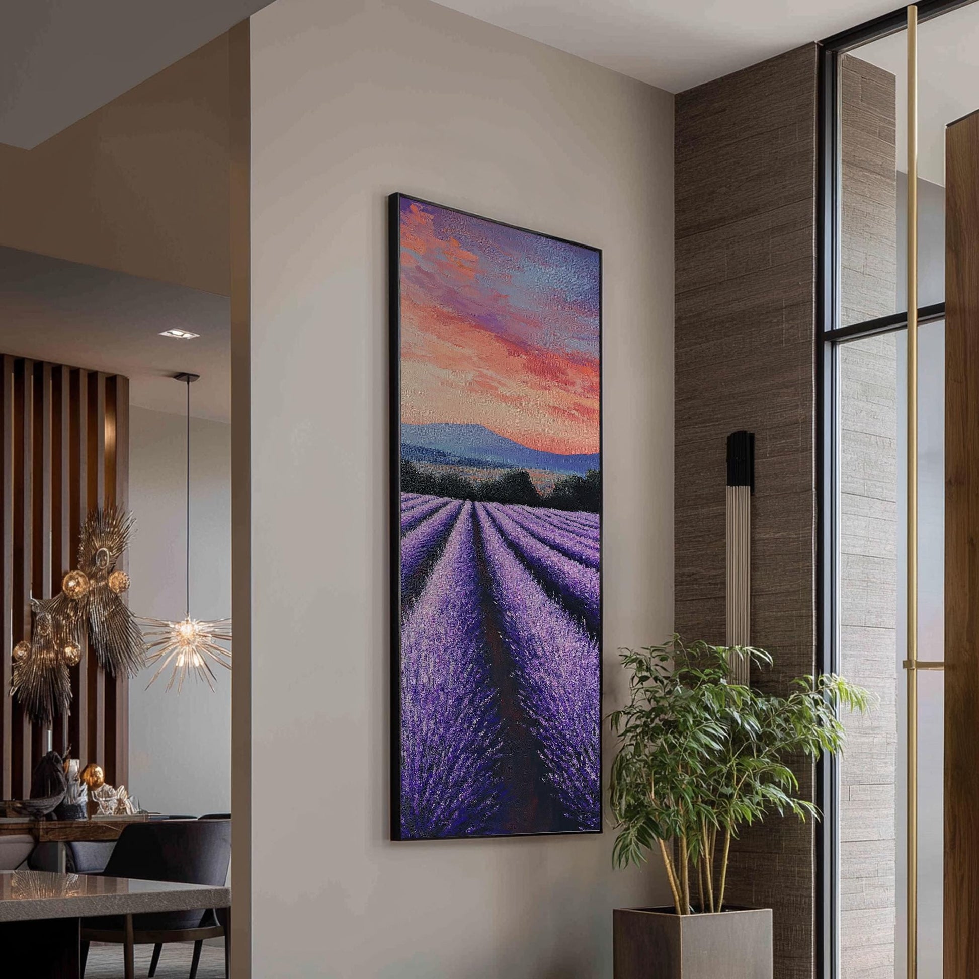 Provence Lavender Fields Canvas Art | Impasto Palette Knife Print | Bohemian Maximalist Wall Art For Living Room Long Vertical Art