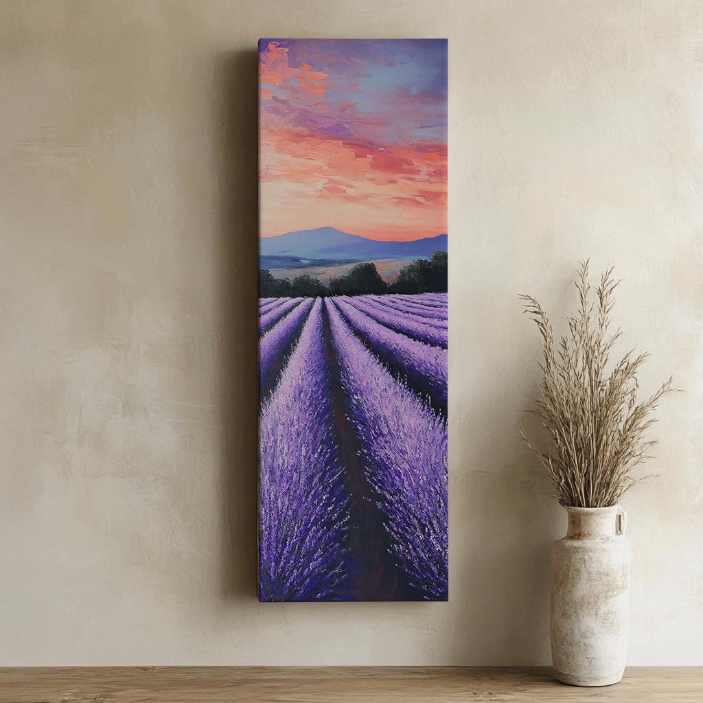 Provence Lavender Fields Canvas Art | Impasto Palette Knife Print | Bohemian Maximalist Wall Art For Living Room Long Vertical Art