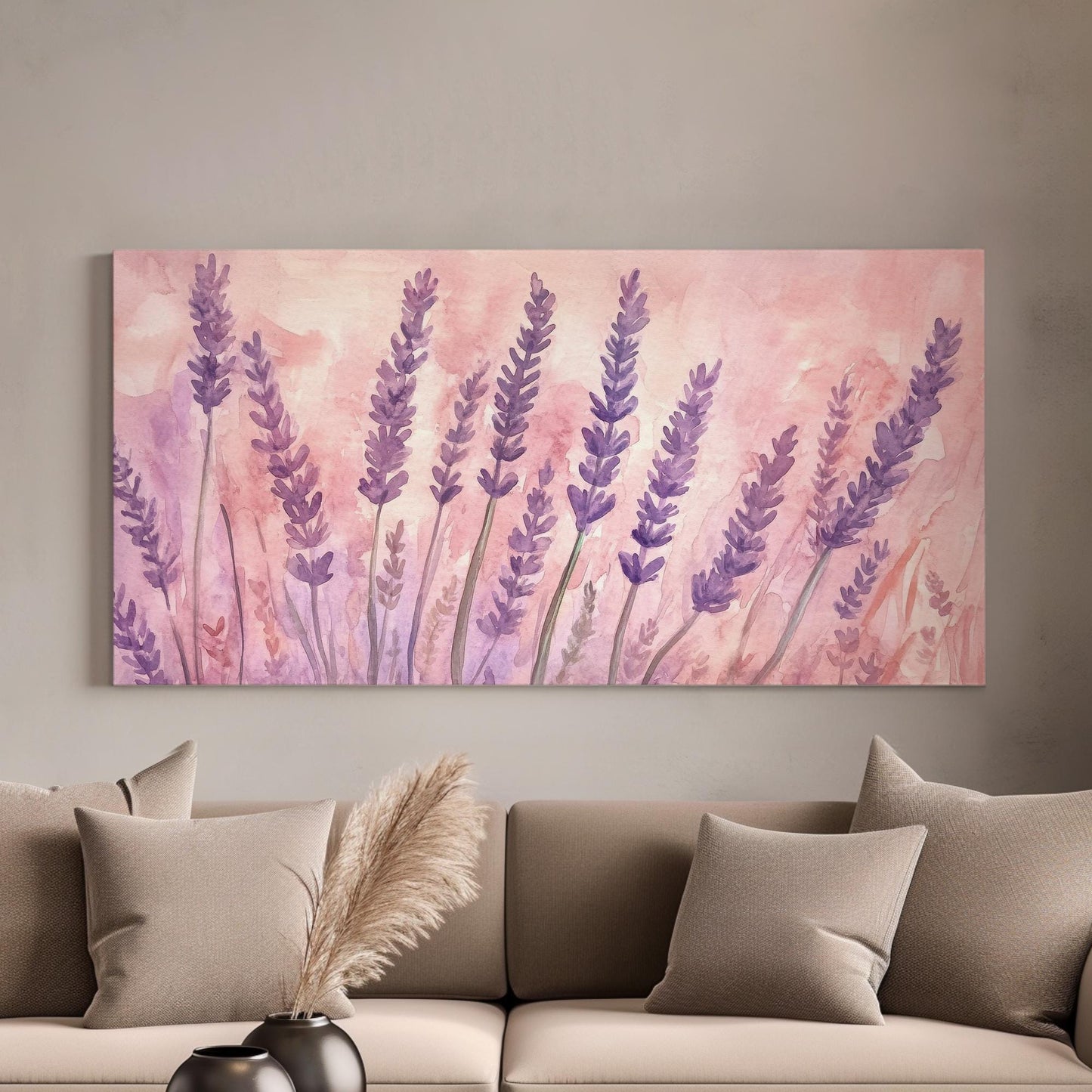 Provence Lavender Field Canvas Art | Watercolor Botanical Print | Romantic Bohemian Wall Art For Bedroom Horizontal Art