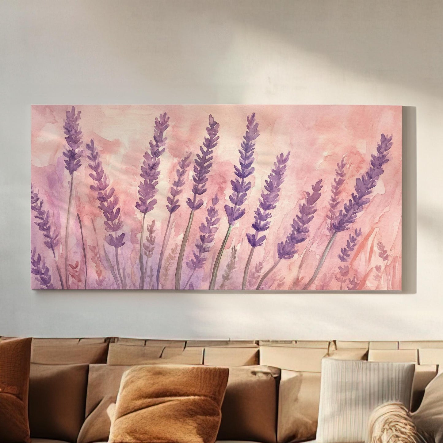 Provence Lavender Field Canvas Art | Watercolor Botanical Print | Romantic Bohemian Wall Art For Bedroom Horizontal Art