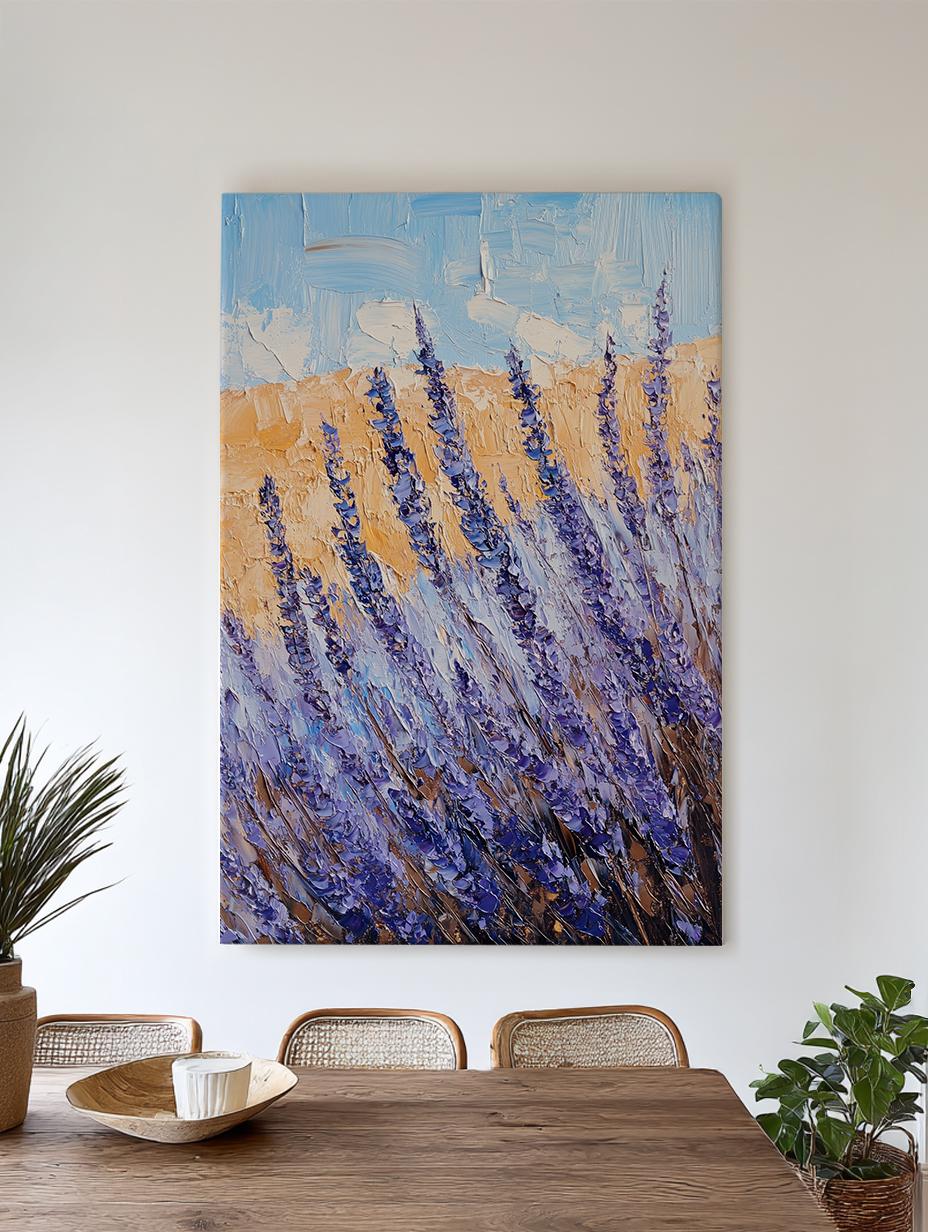 Provence Lavender Field Canvas Art | Palette Knife Impasto Print | Bohemian Wall Art For Living Room Vertical Canvas