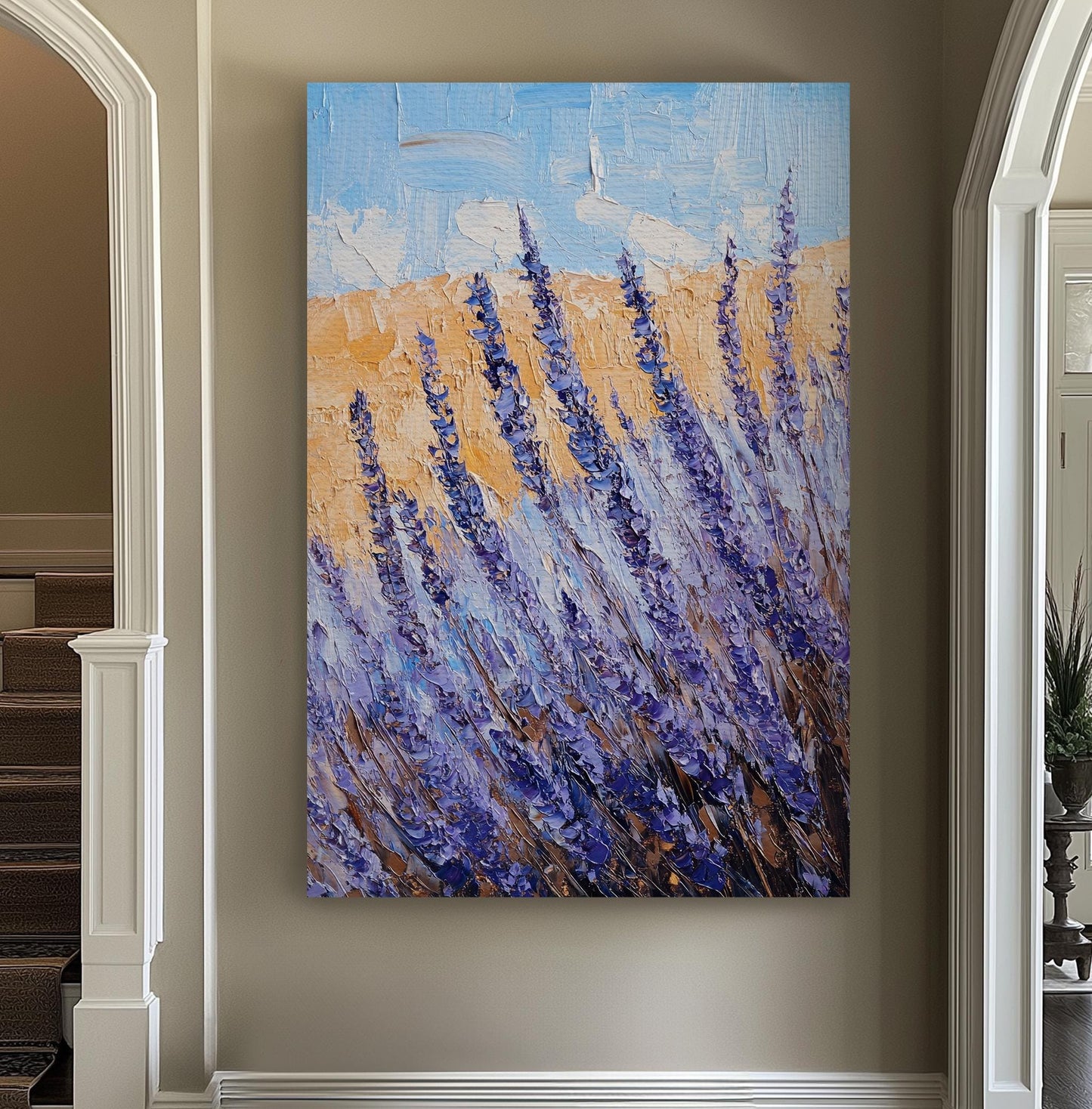 Provence Lavender Field Canvas Art | Palette Knife Impasto Print | Bohemian Wall Art For Living Room Vertical Canvas