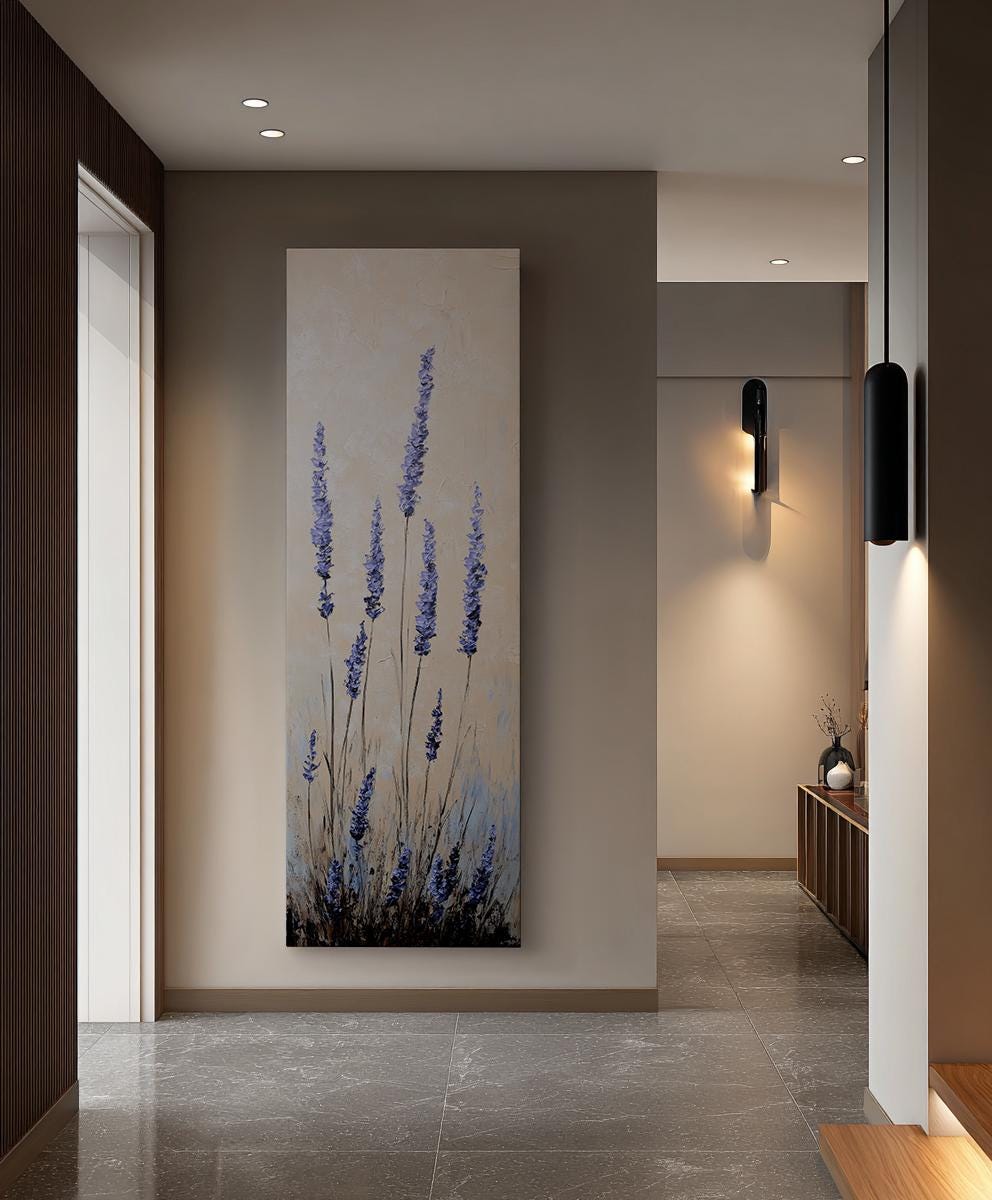 Provence Lavender Field Canvas Art | Impasto Palette Knife Print | Bohemian Wall Art For Living Room Long Vertical Art
