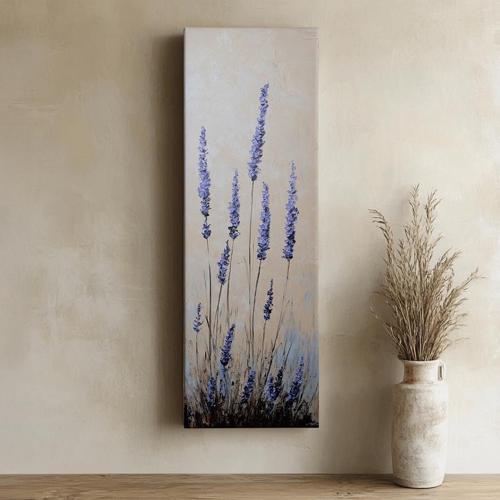Provence Lavender Field Canvas Art | Impasto Palette Knife Print | Bohemian Wall Art For Living Room Long Vertical Art