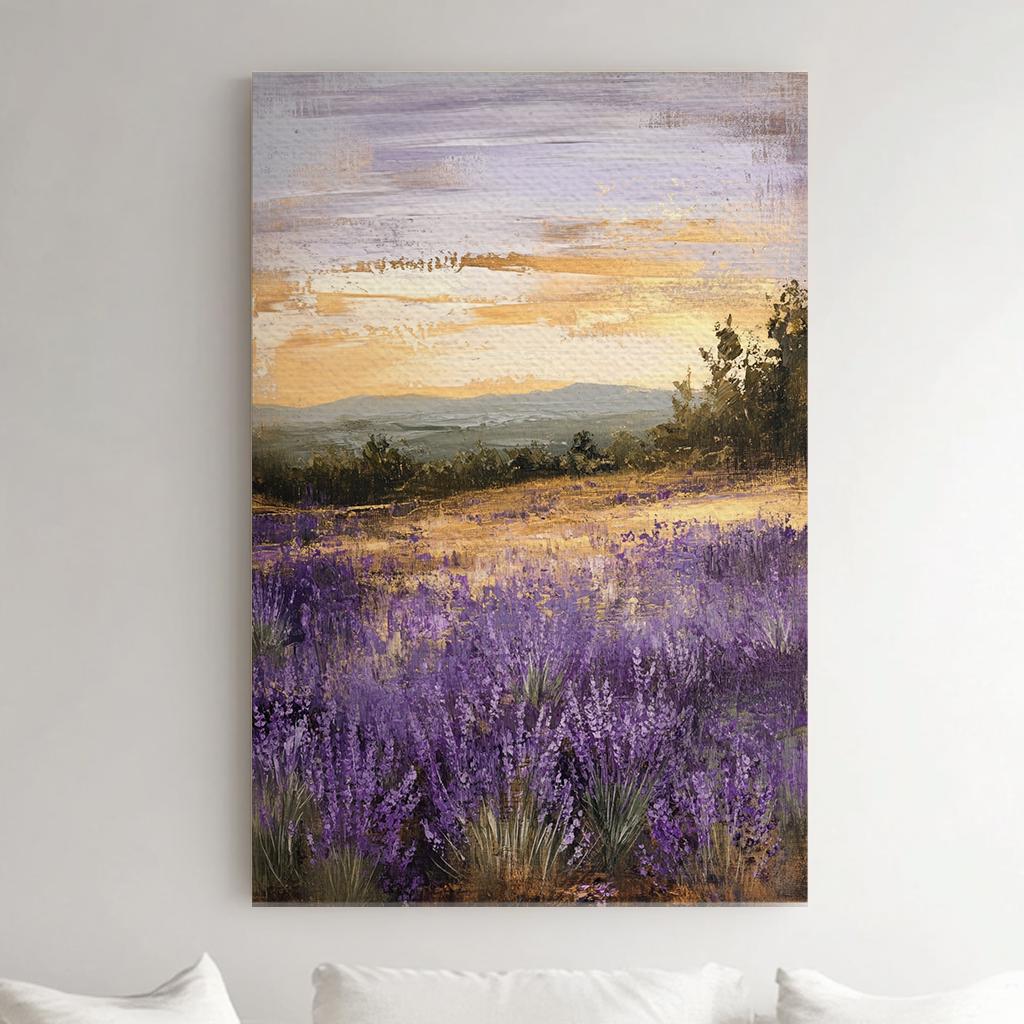Provence Lavender Field Canvas Art | Impasto Painting Print | Bohemian Wall Art For Living Room | Warm Toned Gold Sunset Art Vertical Canvas