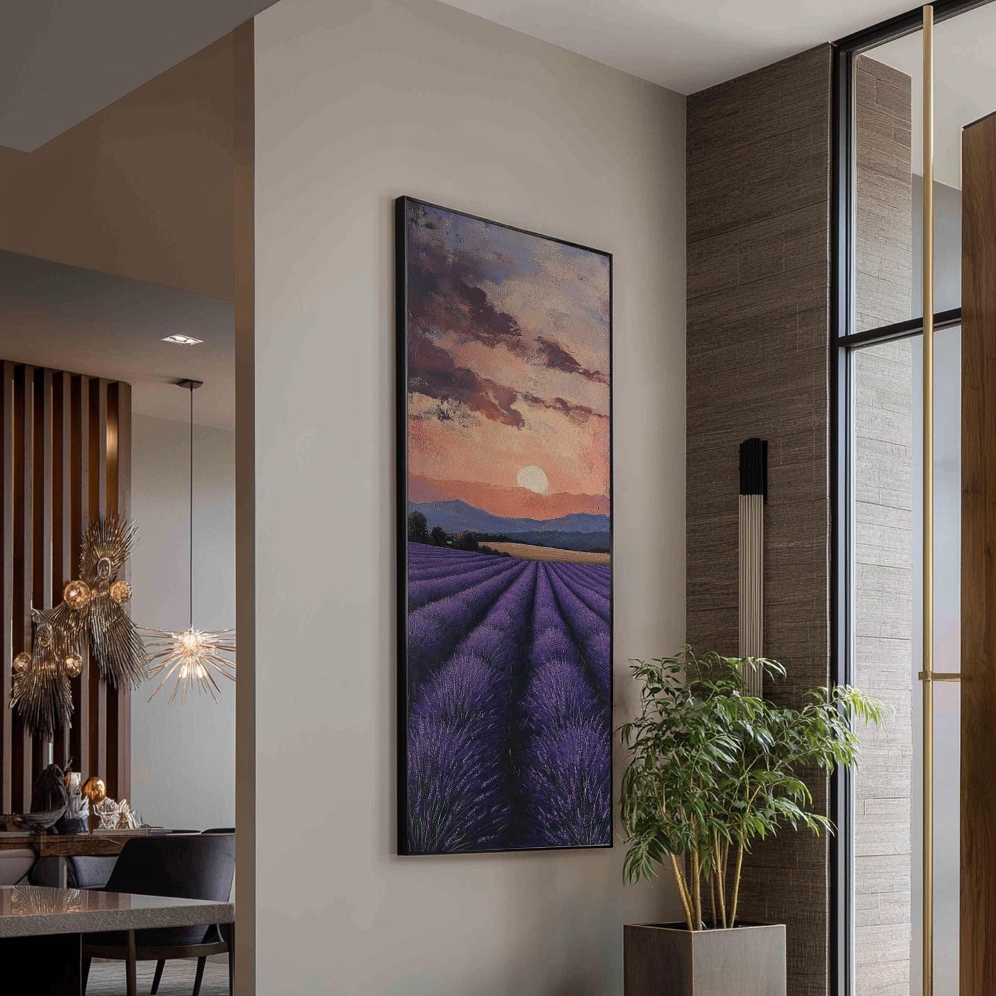 Provence Lavender Field Canvas Art | Impasto Painting Print | Bohemian Wall Art For Living Room | Twilight Amethyst Art Long Vertical Art