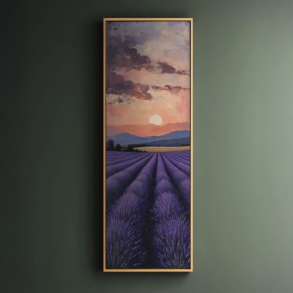 Provence Lavender Field Canvas Art | Impasto Painting Print | Bohemian Wall Art For Living Room | Twilight Amethyst Art Long Vertical Art