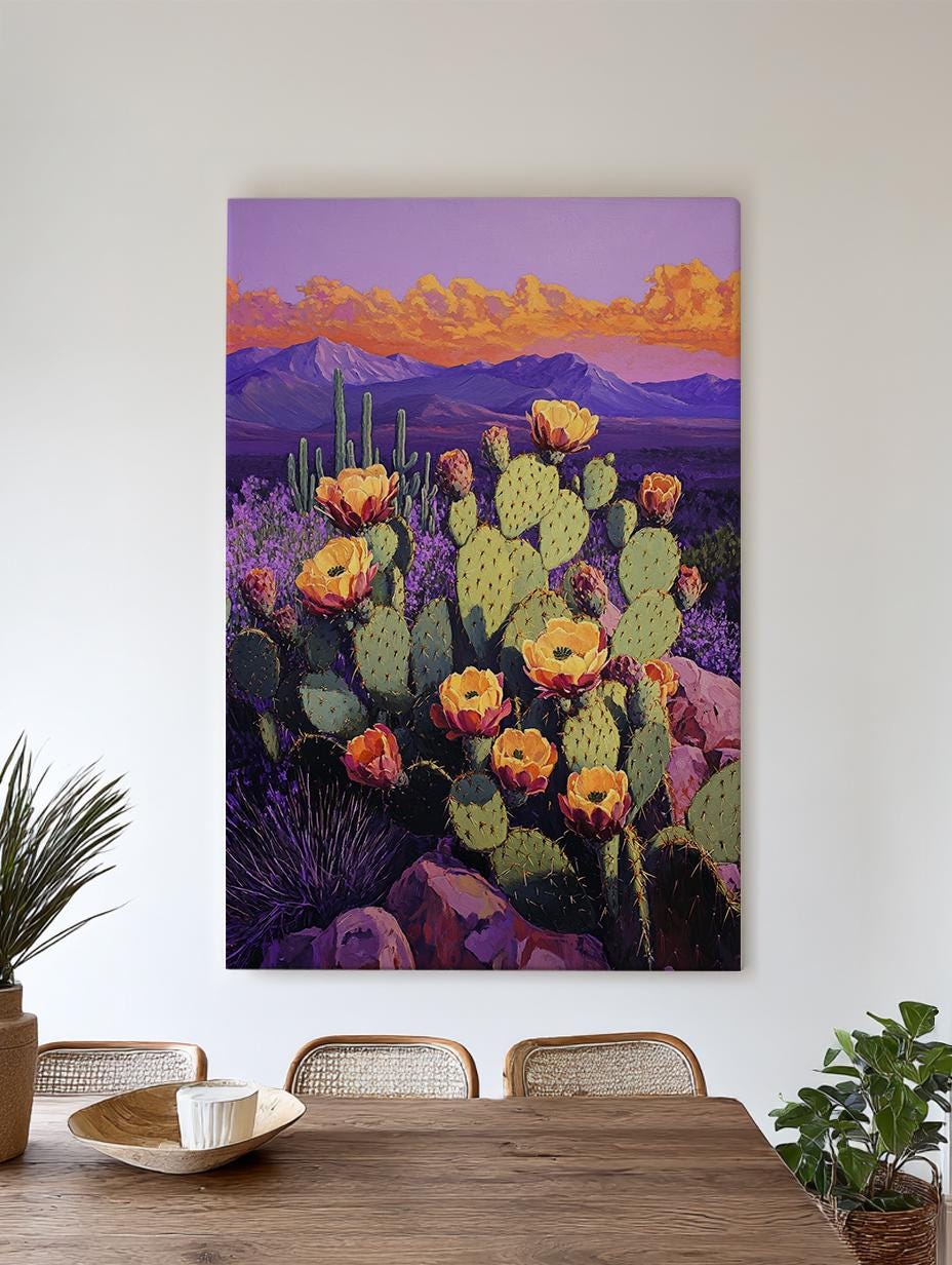 Prickly Pear Sunset Canvas Art | Impasto Print | Bohemian Wall Art For Living Room | Amethyst Dusk Art | Southwest Decor Vertical Canvas