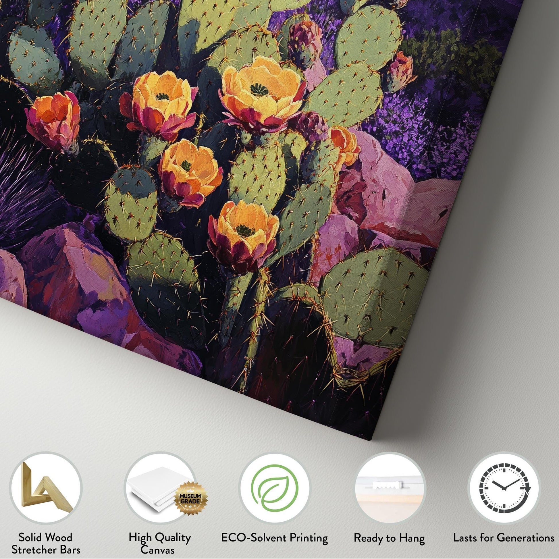 Prickly Pear Sunset Canvas Art | Impasto Print | Bohemian Wall Art For Living Room | Amethyst Dusk Art | Southwest Decor Vertical Canvas