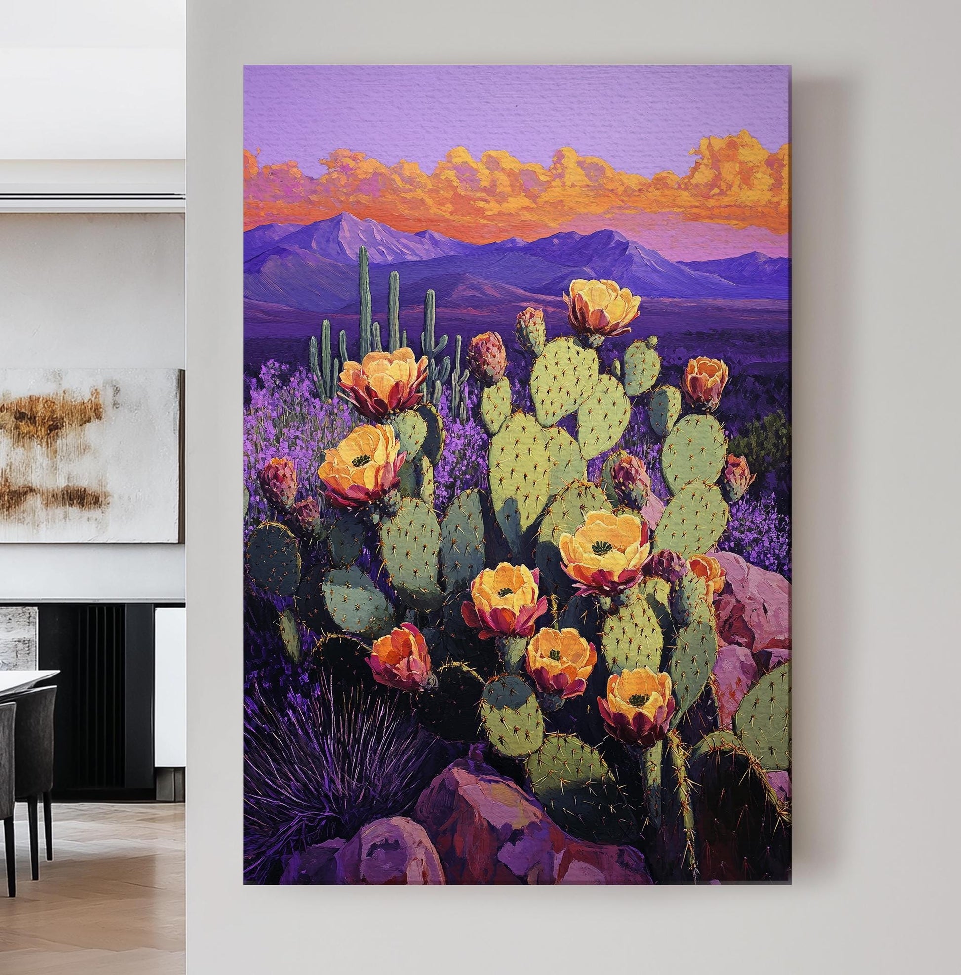 Prickly Pear Sunset Canvas Art | Impasto Print | Bohemian Wall Art For Living Room | Amethyst Dusk Art | Southwest Decor Vertical Canvas