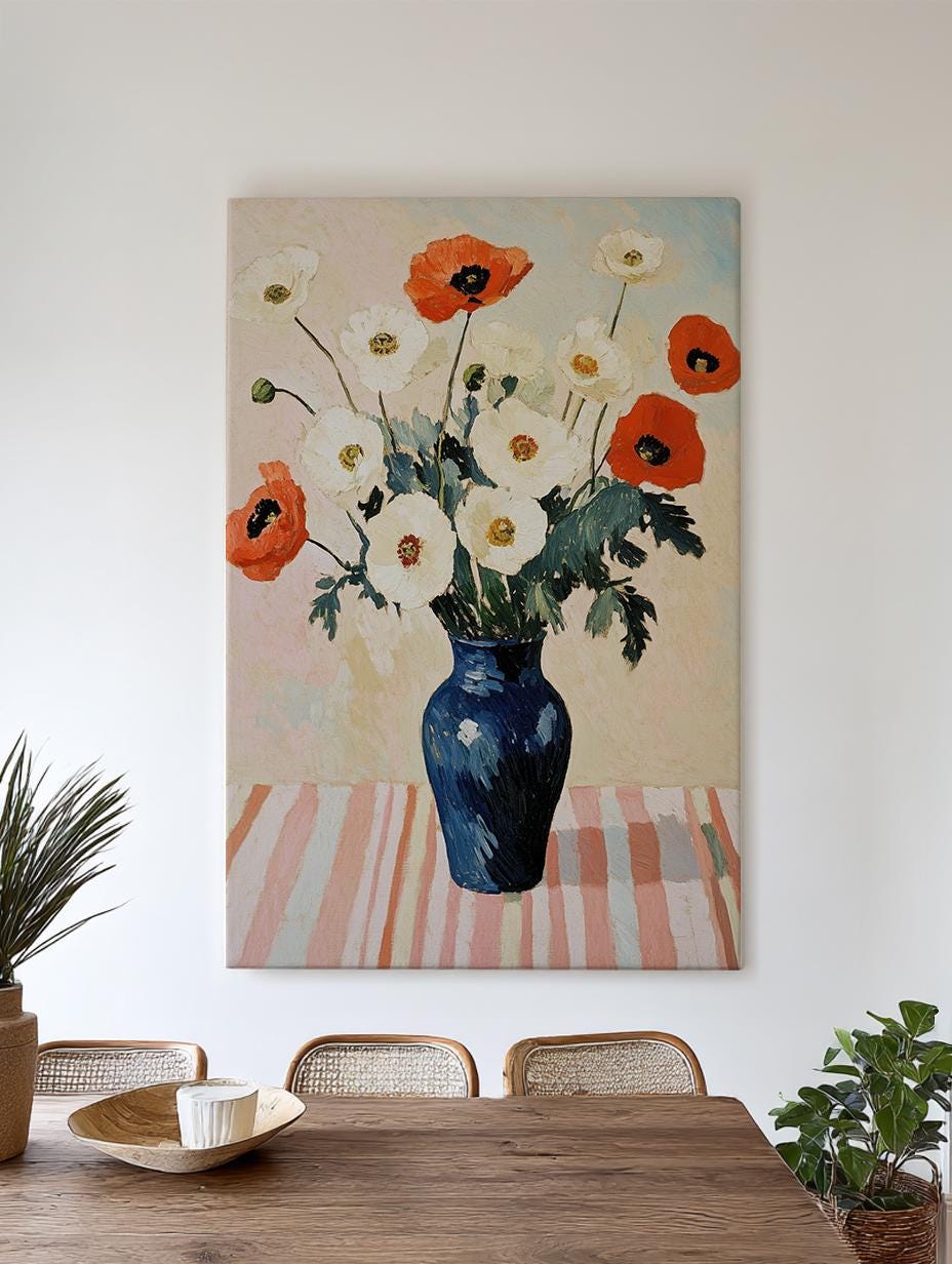 Poppy Impressionism Canvas Art | Impasto Floral Print | Coastal Farmhouse Wall Art For Dining Room | Cerulean Blue Art Vertical Canvas