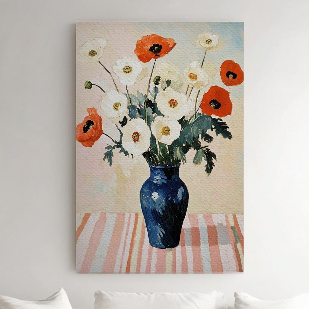 Poppy Impressionism Canvas Art | Impasto Floral Print | Coastal Farmhouse Wall Art For Dining Room | Cerulean Blue Art Vertical Canvas