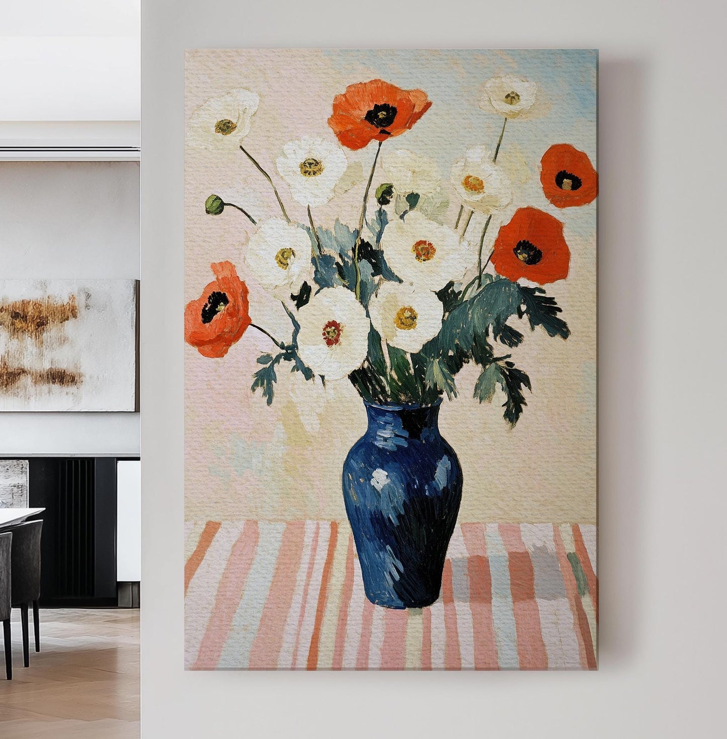 Poppy Impressionism Canvas Art | Impasto Floral Print | Coastal Farmhouse Wall Art For Dining Room | Cerulean Blue Art Vertical Canvas