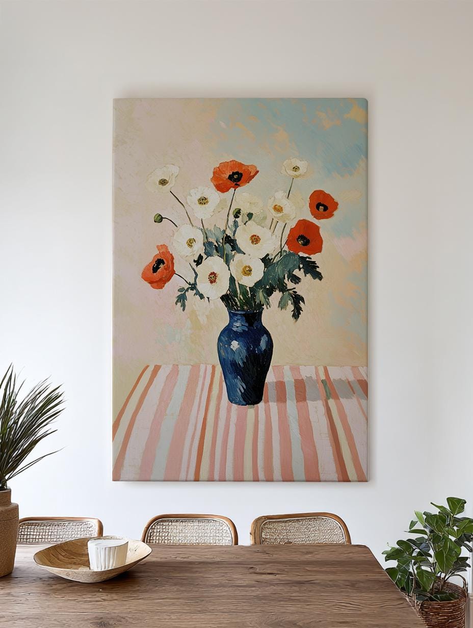 Poppy Bouquet Canvas Art | Impasto Print | Bohemian Wall Art For Dining Room | Rose Quartz Art | Modern Maximalist Decor Vertical Canvas