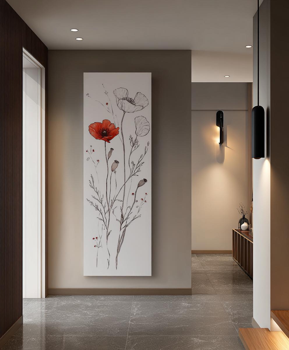 Poppy Botanical Line Drawing Canvas Art | Fine Line Ink Print | Bohemian Modern Wall Art For Above Couch Long Vertical Art