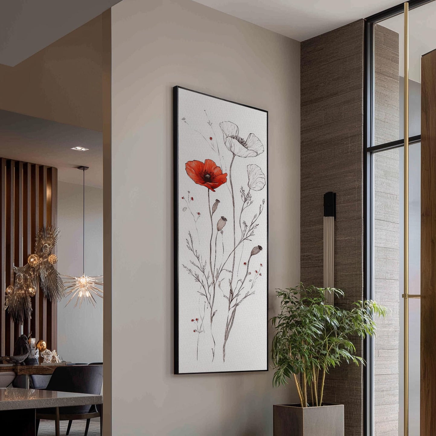 Poppy Botanical Line Drawing Canvas Art | Fine Line Ink Print | Bohemian Modern Wall Art For Above Couch Long Vertical Art
