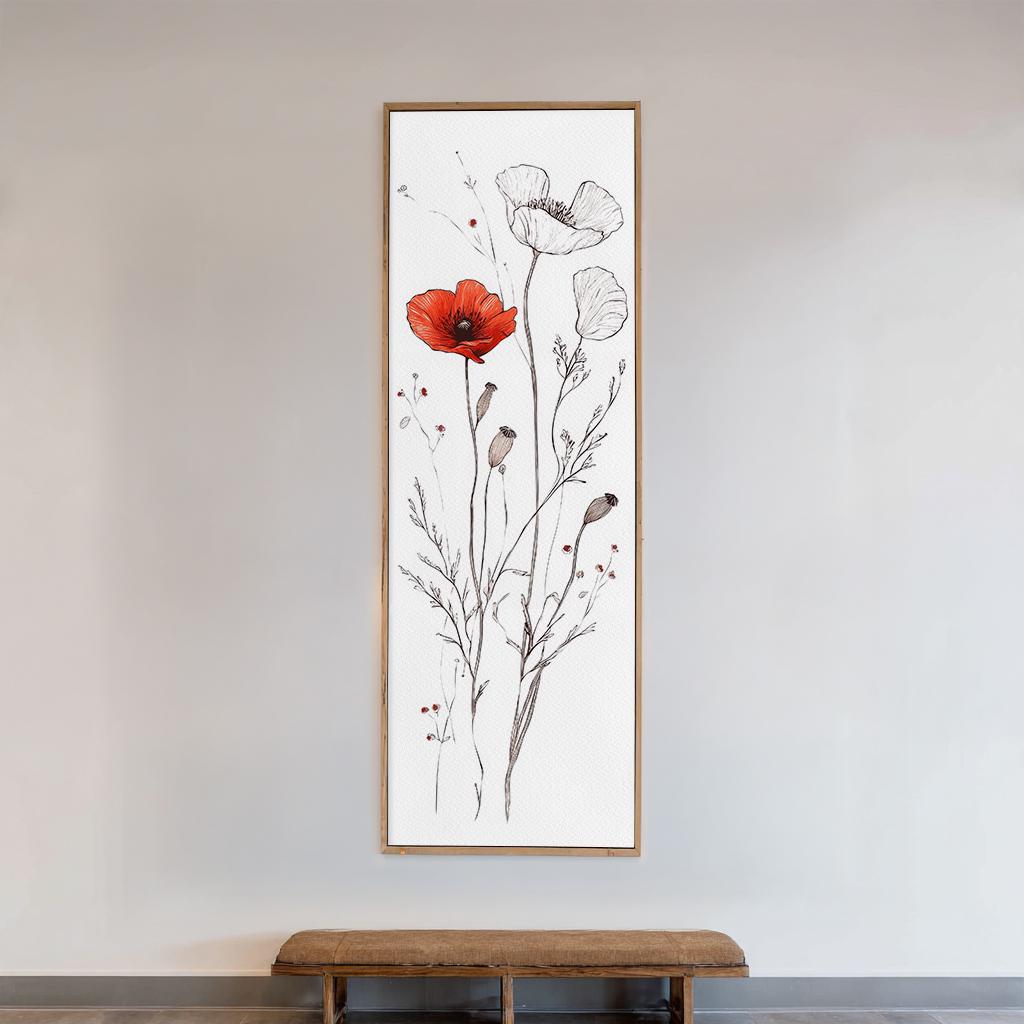 Poppy Botanical Line Drawing Canvas Art | Fine Line Ink Print | Bohemian Modern Wall Art For Above Couch Long Vertical Art