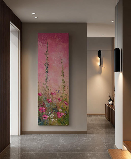 Pink Poppy Field Canvas Art | Impasto Floral Print | Bohemian Wall Art For Living Room | Rose Quartz Art Long Vertical Art