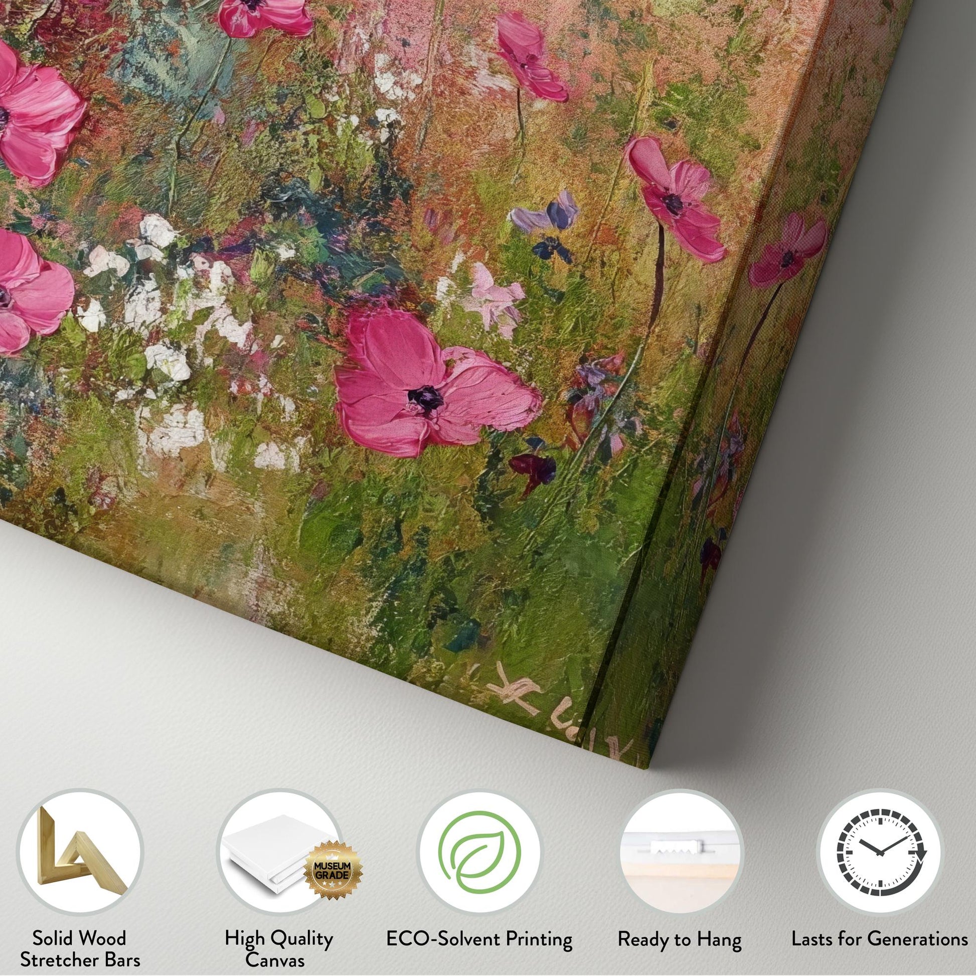 Pink Poppy Field Canvas Art | Impasto Floral Print | Bohemian Wall Art For Living Room | Rose Quartz Art Long Vertical Art