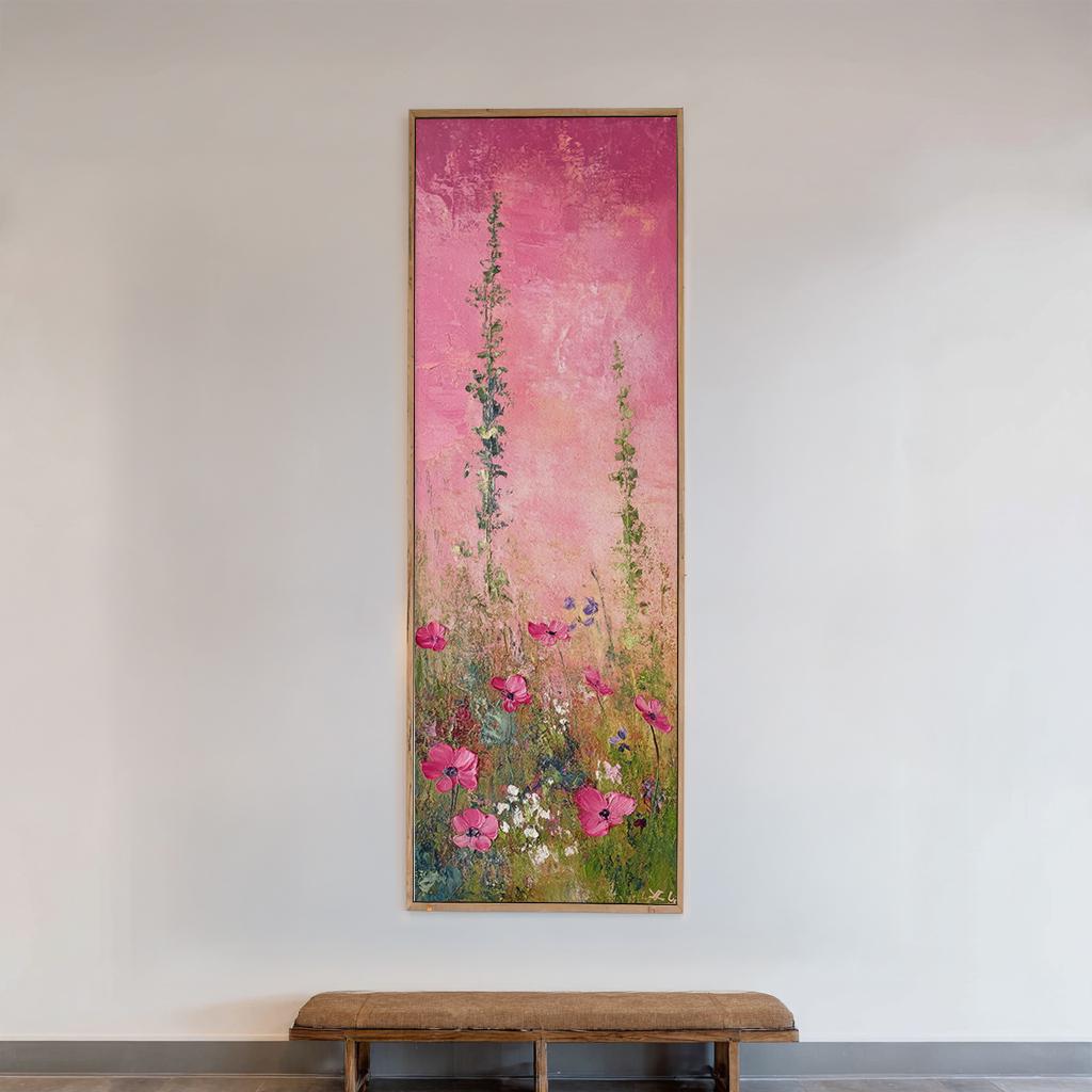 Pink Poppy Field Canvas Art | Impasto Floral Print | Bohemian Wall Art For Living Room | Rose Quartz Art Long Vertical Art