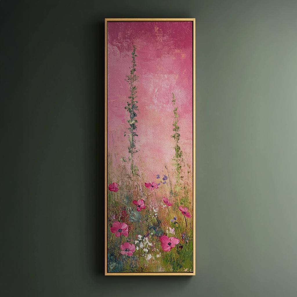 Pink Poppy Field Canvas Art | Impasto Floral Print | Bohemian Wall Art For Living Room | Rose Quartz Art Long Vertical Art