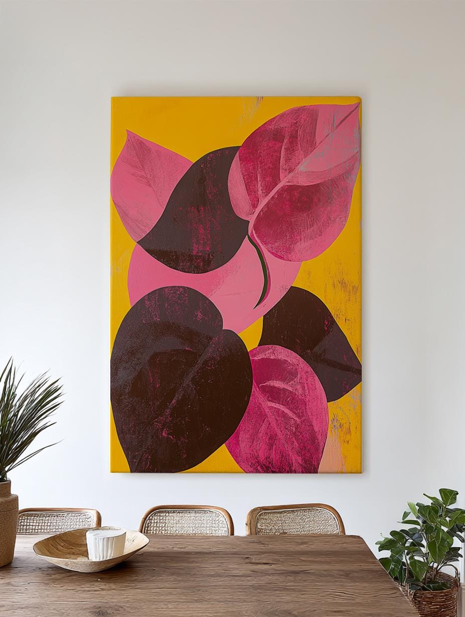 Pink Philodendron Leaf Canvas Art | Impasto Print | Biophilic Wall Art For Living Room | Sunset Saffron Art Vertical Canvas