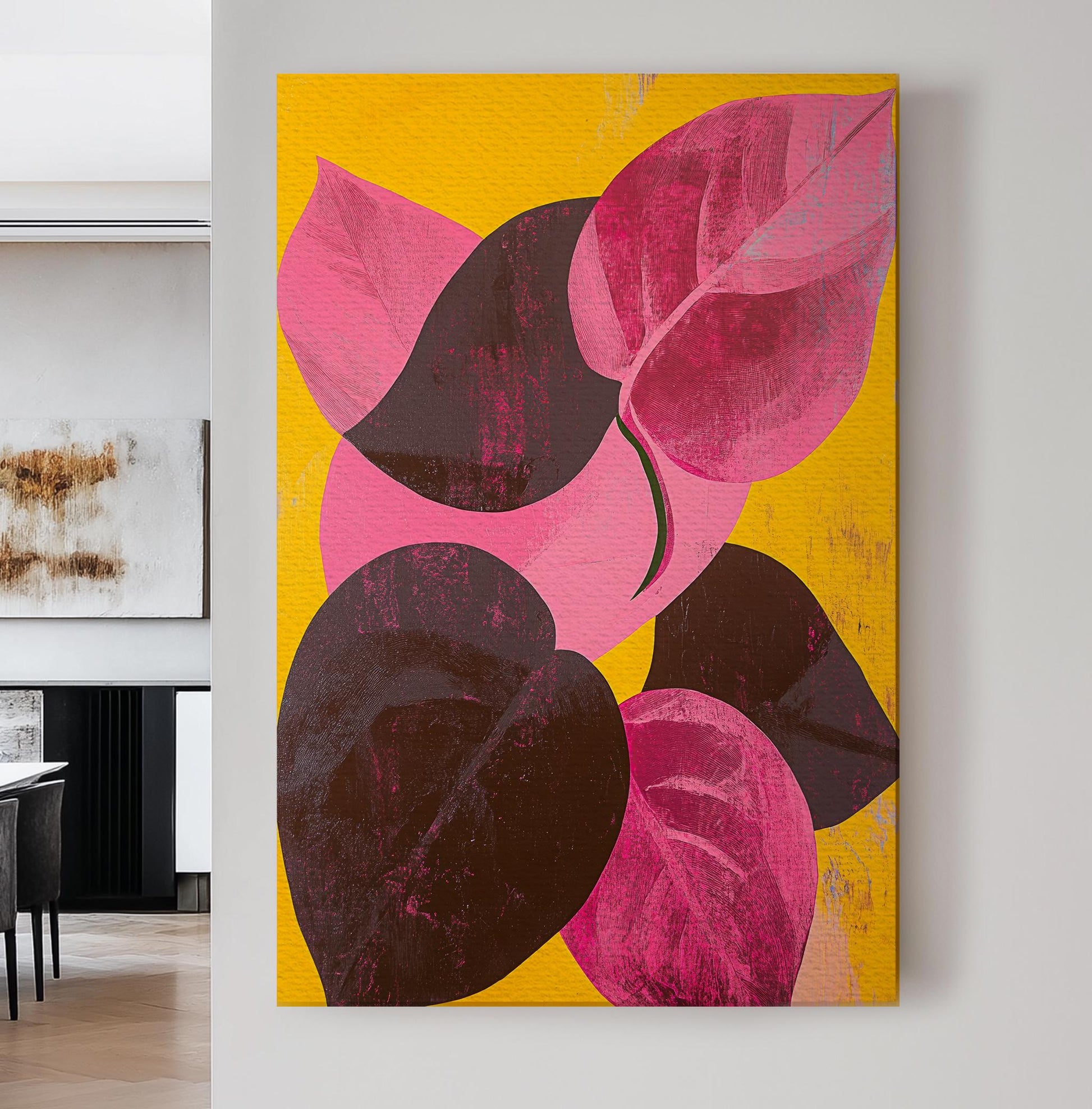 Pink Philodendron Leaf Canvas Art | Impasto Print | Biophilic Wall Art For Living Room | Sunset Saffron Art Vertical Canvas