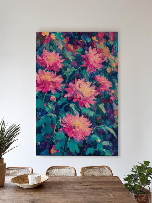 Pink Peony Garden Canvas Art | Impasto Floral Print | Bohemian Maximalist Wall Art For Living Room | Blush Pink Teal Art Vertical Canvas