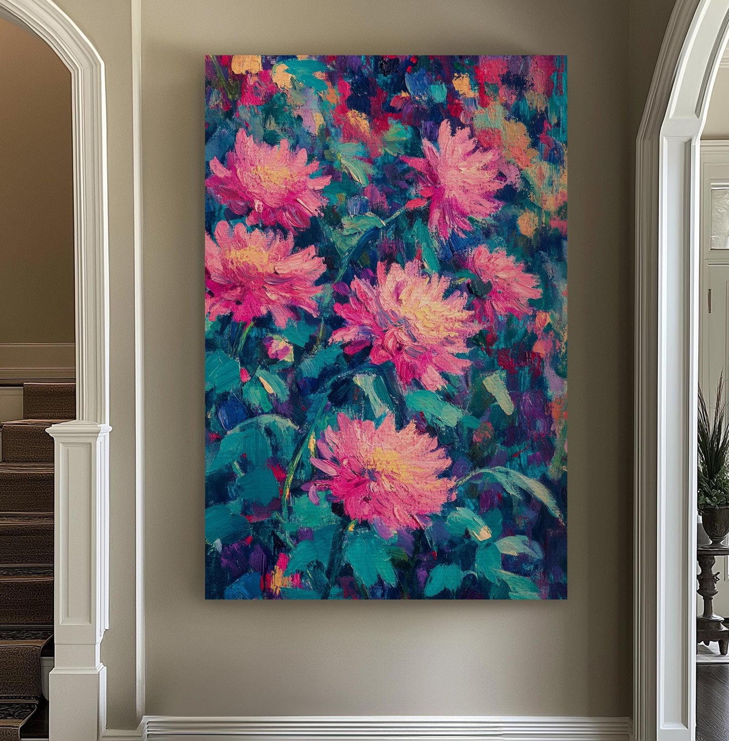 Pink Peony Garden Canvas Art | Impasto Floral Print | Bohemian Maximalist Wall Art For Living Room | Blush Pink Teal Art Vertical Canvas