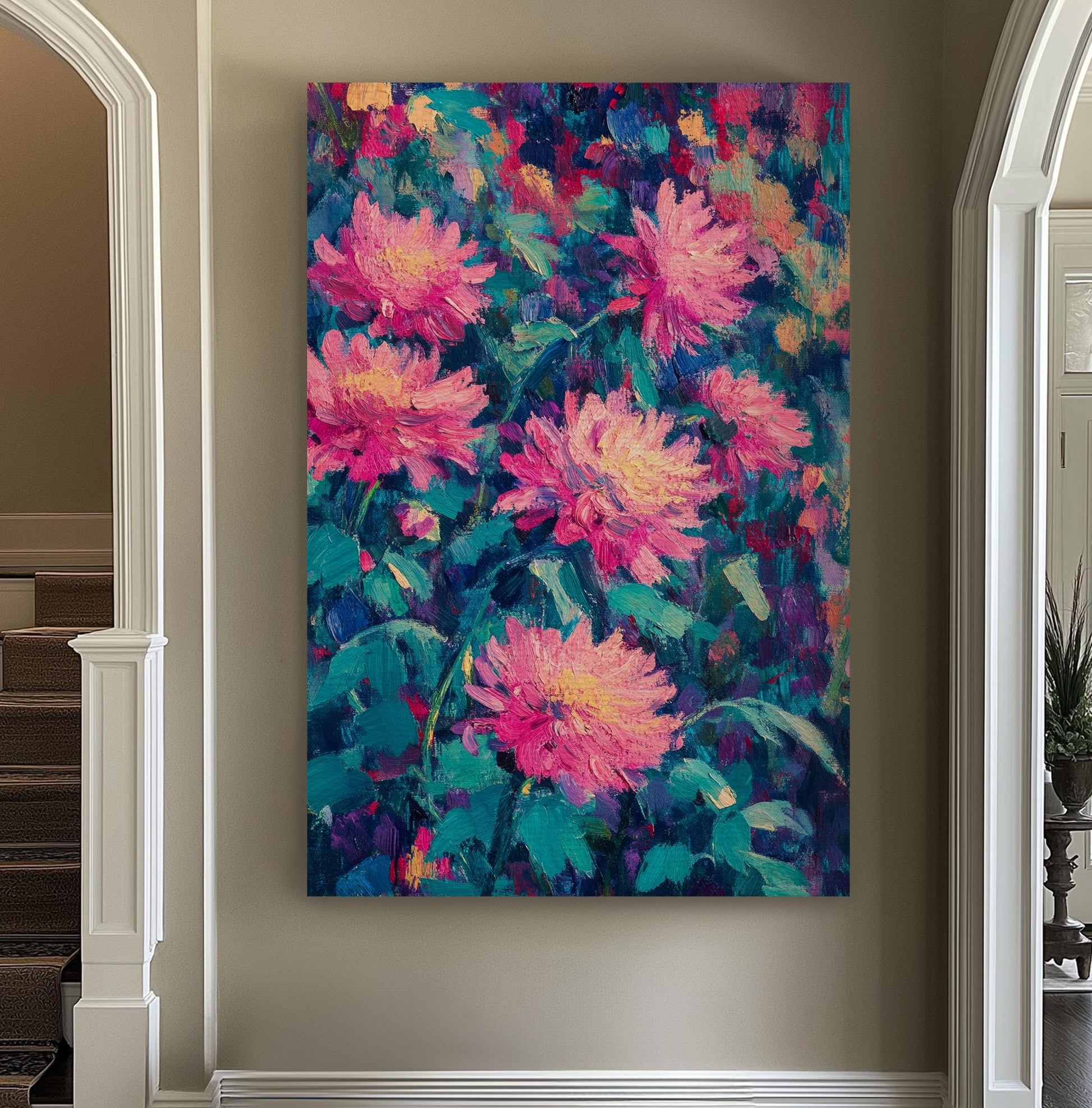 Pink Peony Garden Canvas Art | Impasto Floral Print | Bohemian Maximalist Wall Art For Living Room | Blush Pink Teal Art Vertical Canvas