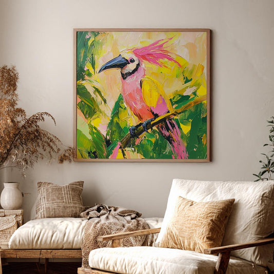 Pink Parrot Impasto Canvas Art | Impressionistic Bird Print | Tropical Maximalist Wall Art For Living Room Square Canvas Art
