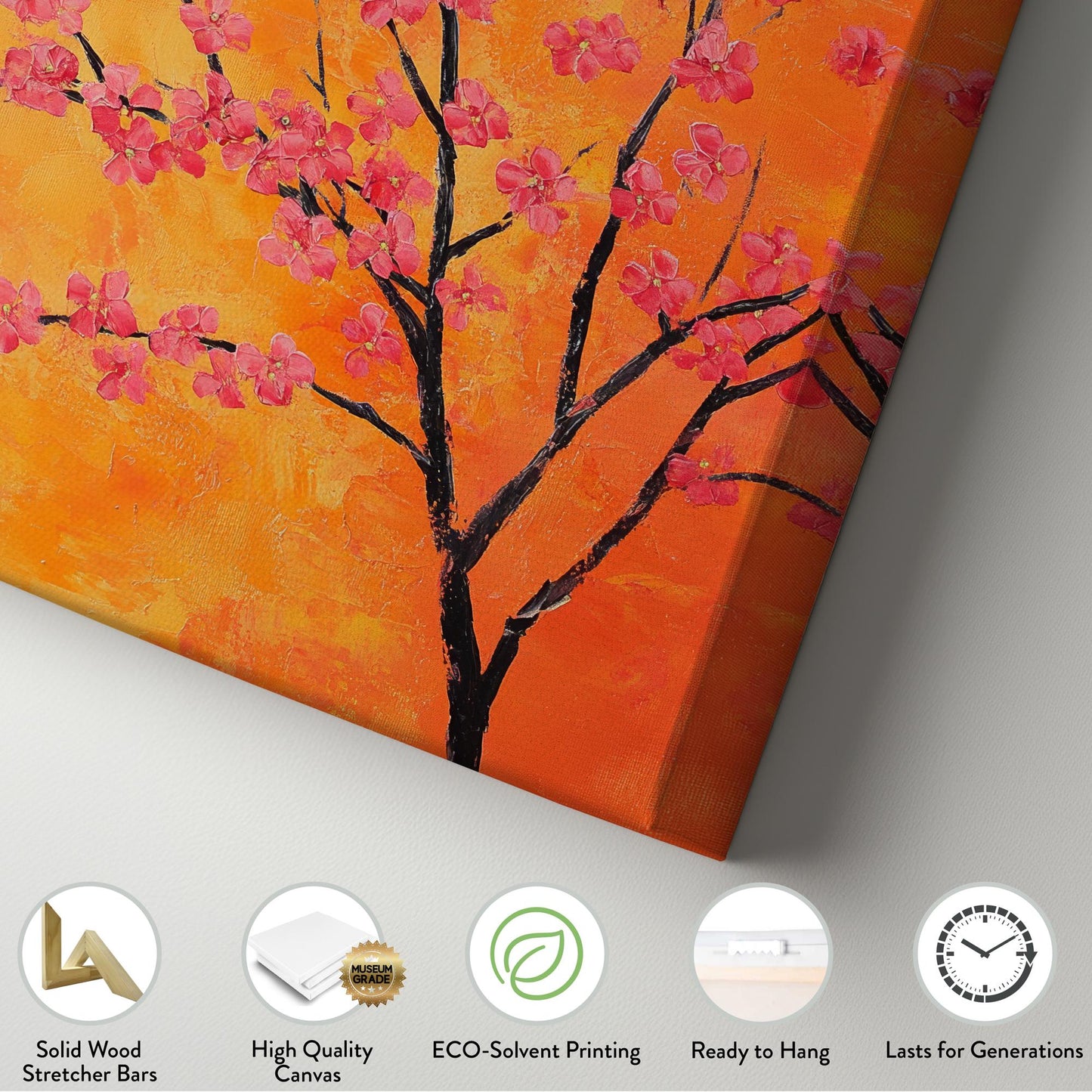 Pink Blossom Tree Canvas Art | Impasto Painting Print | Bohemian Modern Wall Art For Living Room | Tangerine Sunset Art Vertical Canvas
