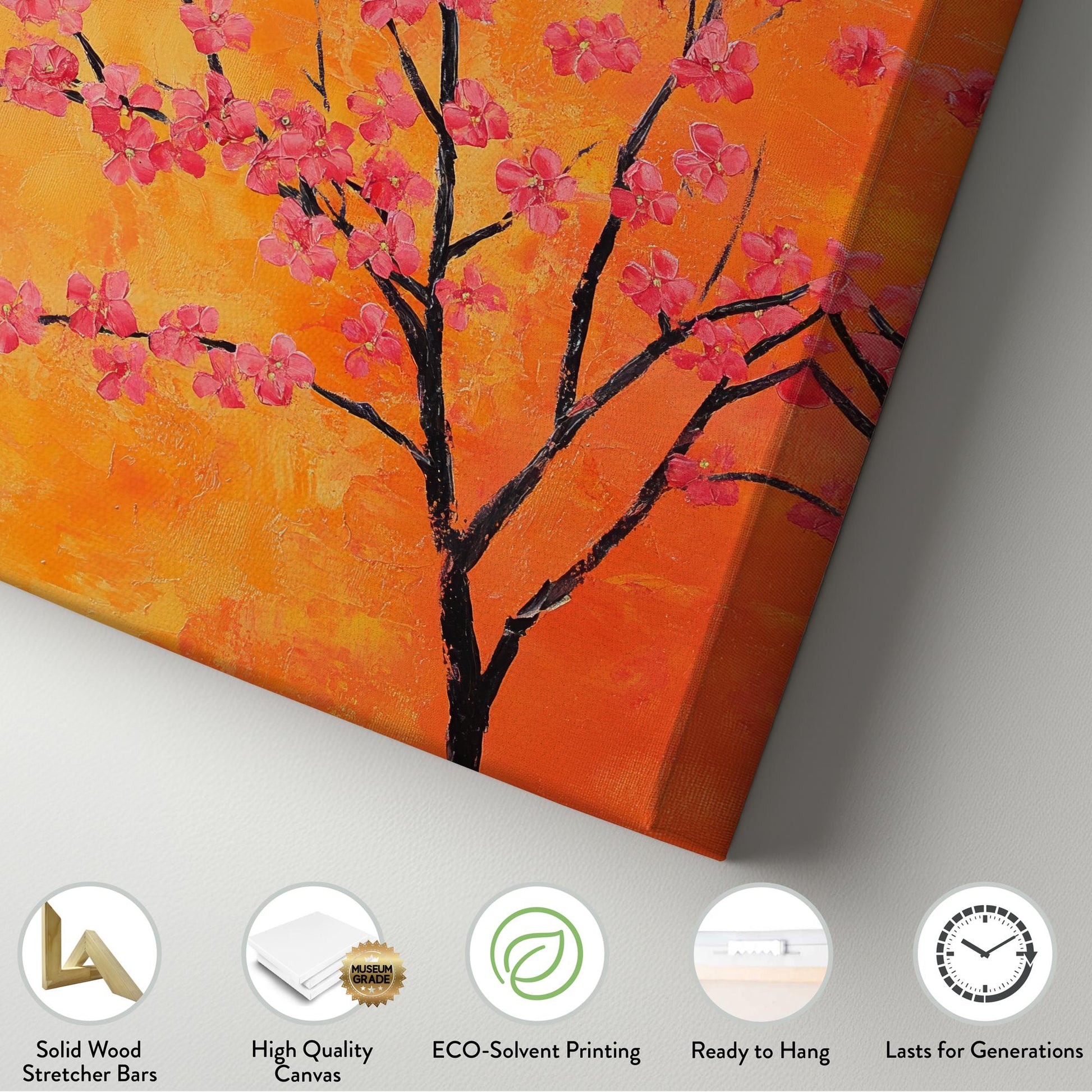 Pink Blossom Tree Canvas Art | Impasto Painting Print | Bohemian Modern Wall Art For Living Room | Tangerine Sunset Art Vertical Canvas