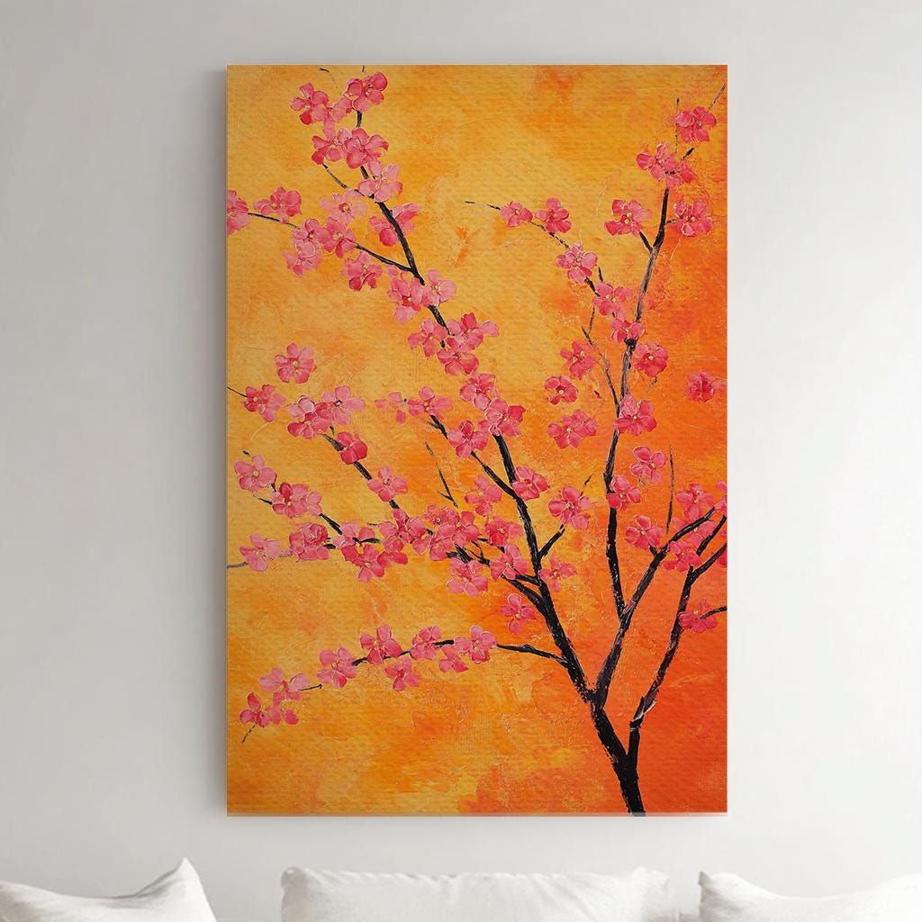 Pink Blossom Tree Canvas Art | Impasto Painting Print | Bohemian Modern Wall Art For Living Room | Tangerine Sunset Art Vertical Canvas