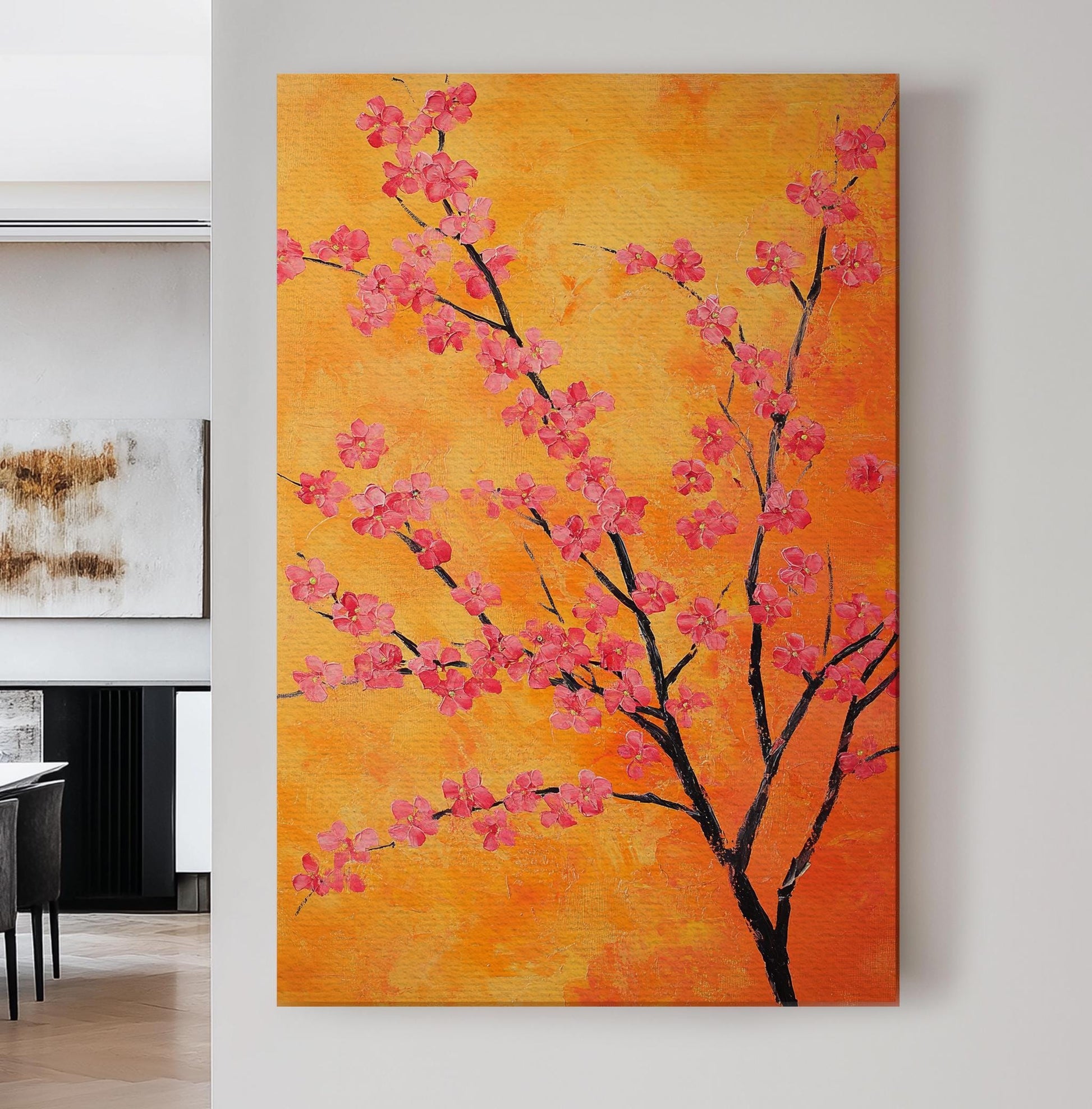 Pink Blossom Tree Canvas Art | Impasto Painting Print | Bohemian Modern Wall Art For Living Room | Tangerine Sunset Art Vertical Canvas