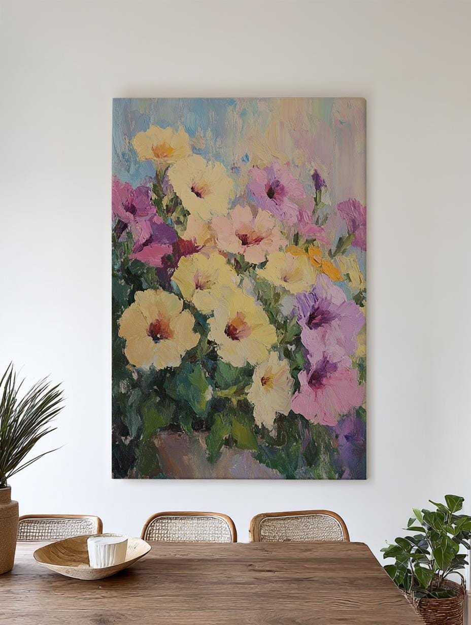 Petal Impressionism Canvas Art | Impasto Floral Print | Bohemian Wall Art For Living Room | Buttercream Lavender Art Vertical Canvas