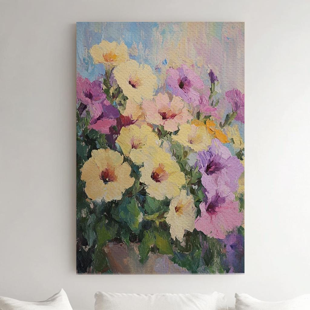Petal Impressionism Canvas Art | Impasto Floral Print | Bohemian Wall Art For Living Room | Buttercream Lavender Art Vertical Canvas