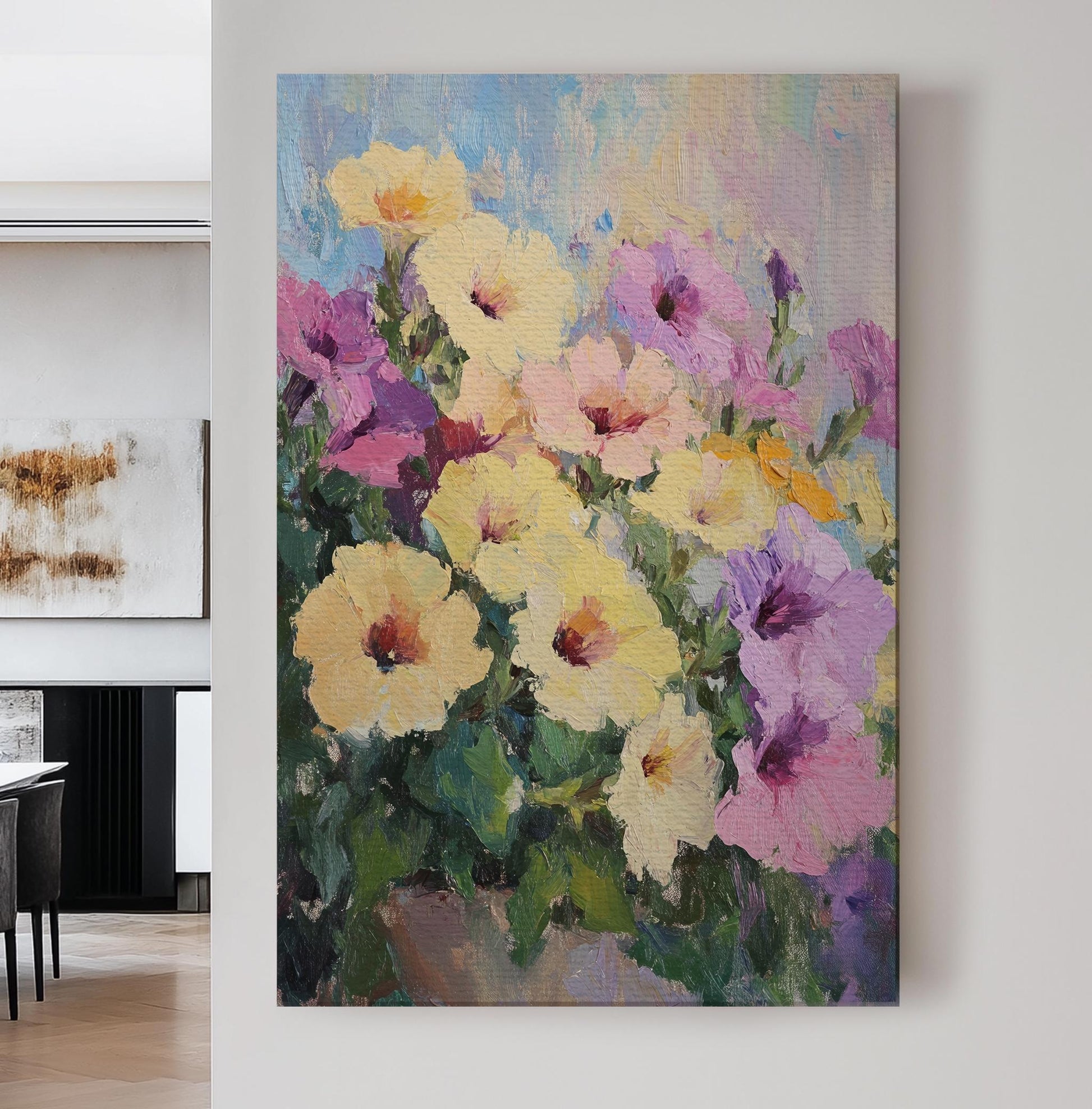 Petal Impressionism Canvas Art | Impasto Floral Print | Bohemian Wall Art For Living Room | Buttercream Lavender Art Vertical Canvas