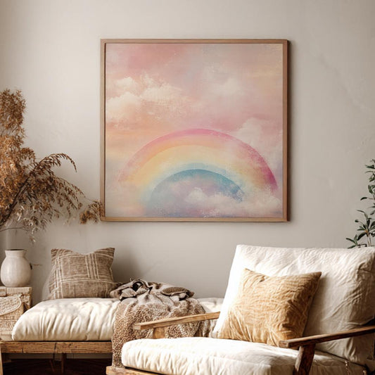 Pastel Rainbow Cloudscape Canvas Art | Watercolor Wash Print | Bohemian Wall Art For Nursery | Blush Pink Art Square Canvas Art