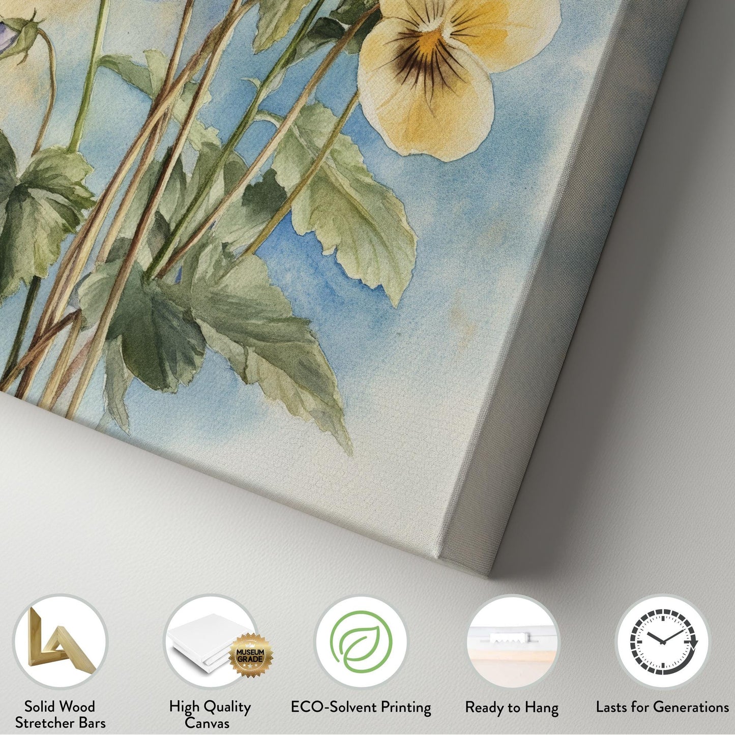 Pansies Watercolor Canvas Art | Botanical Illustration Print | Minimalist Wall Art For Living Room Vertical Canvas