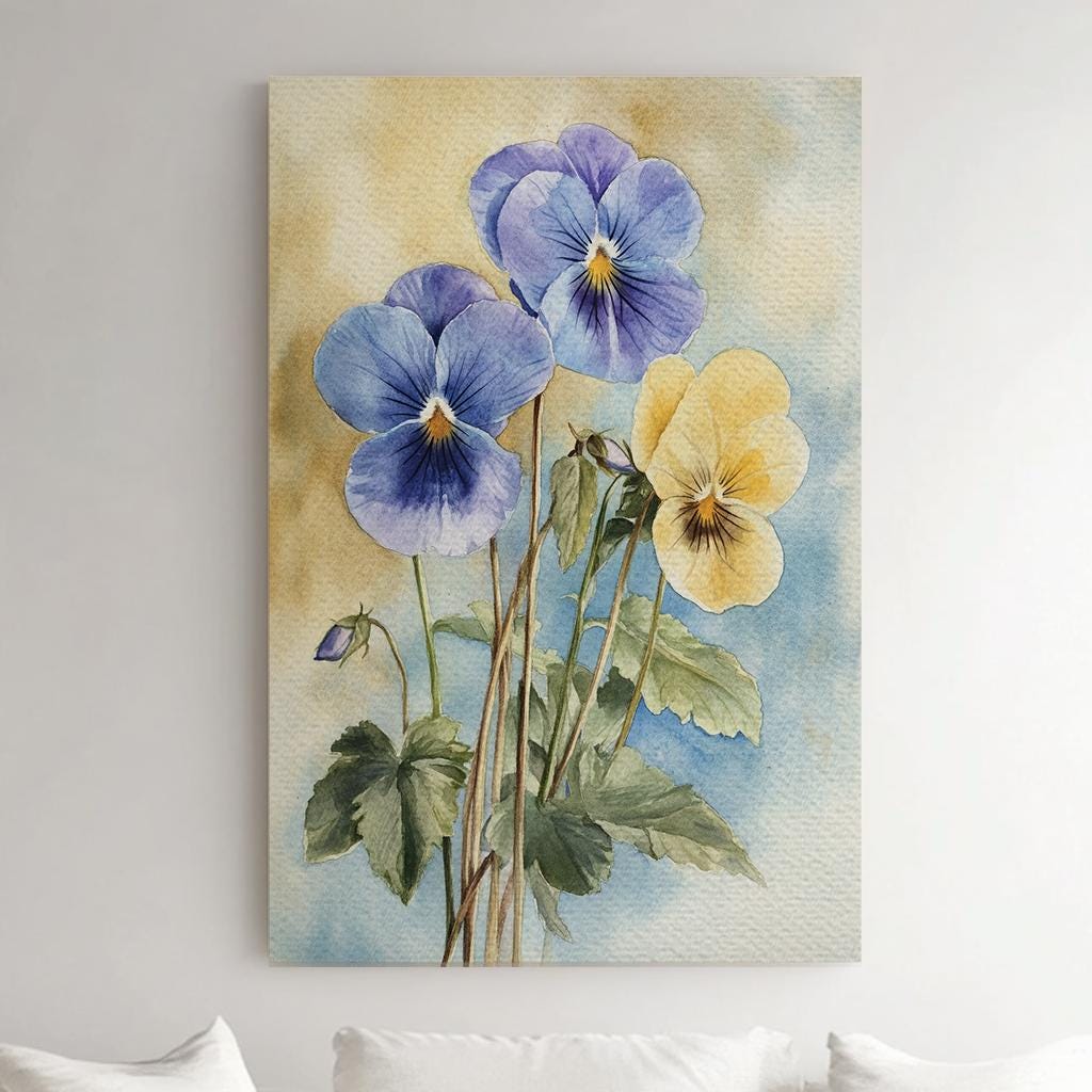 Pansies Watercolor Canvas Art | Botanical Illustration Print | Minimalist Wall Art For Living Room Vertical Canvas