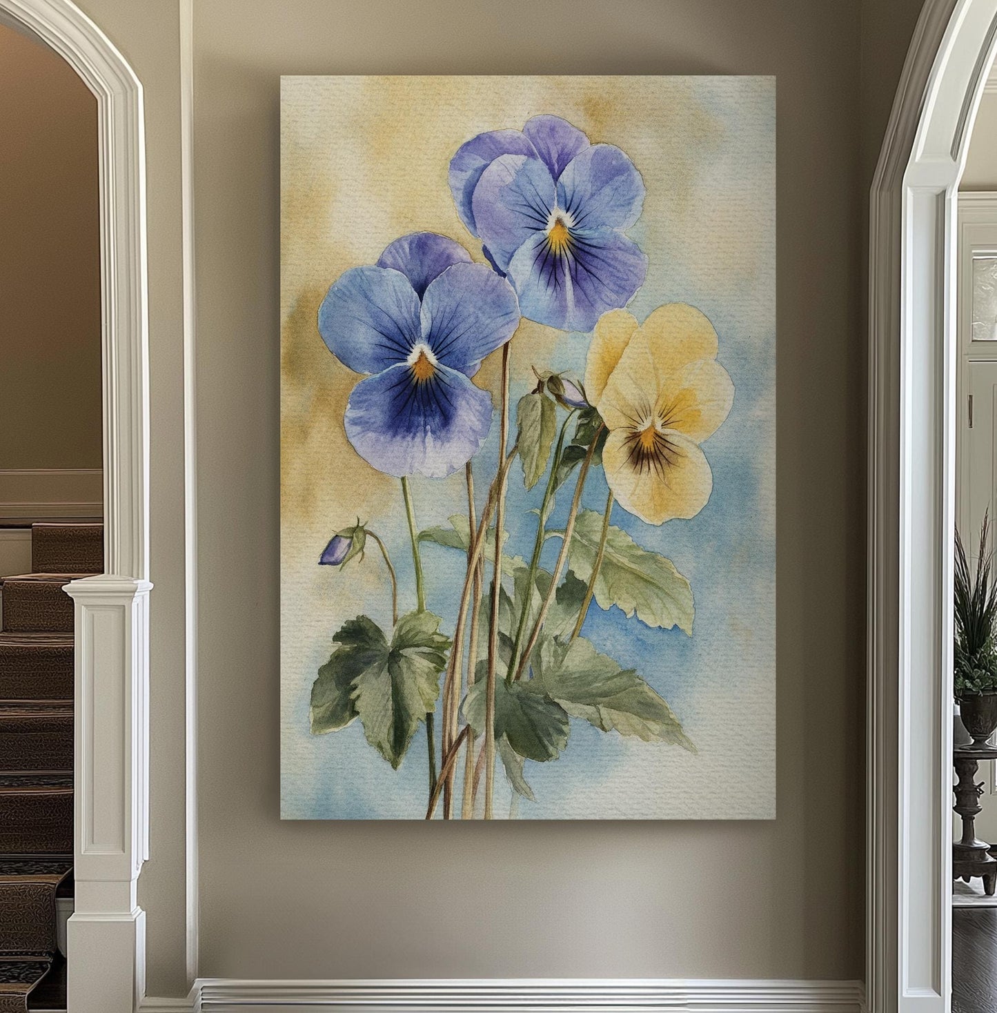 Pansies Watercolor Canvas Art | Botanical Illustration Print | Minimalist Wall Art For Living Room Vertical Canvas