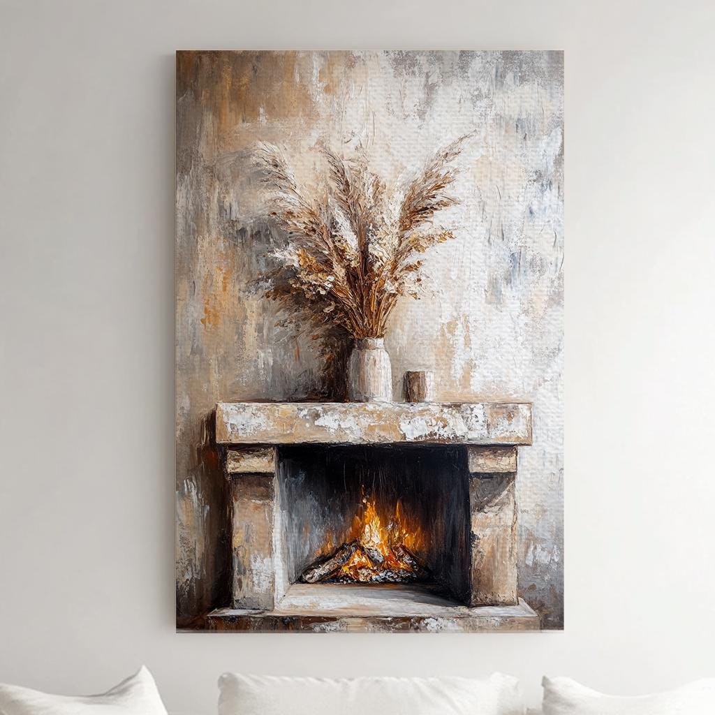 Pampas Grass Fireplace Canvas Art | Impasto Painting Print | Transitional Wall Art For Living Room | Sandstone Hues Art Vertical Canvas