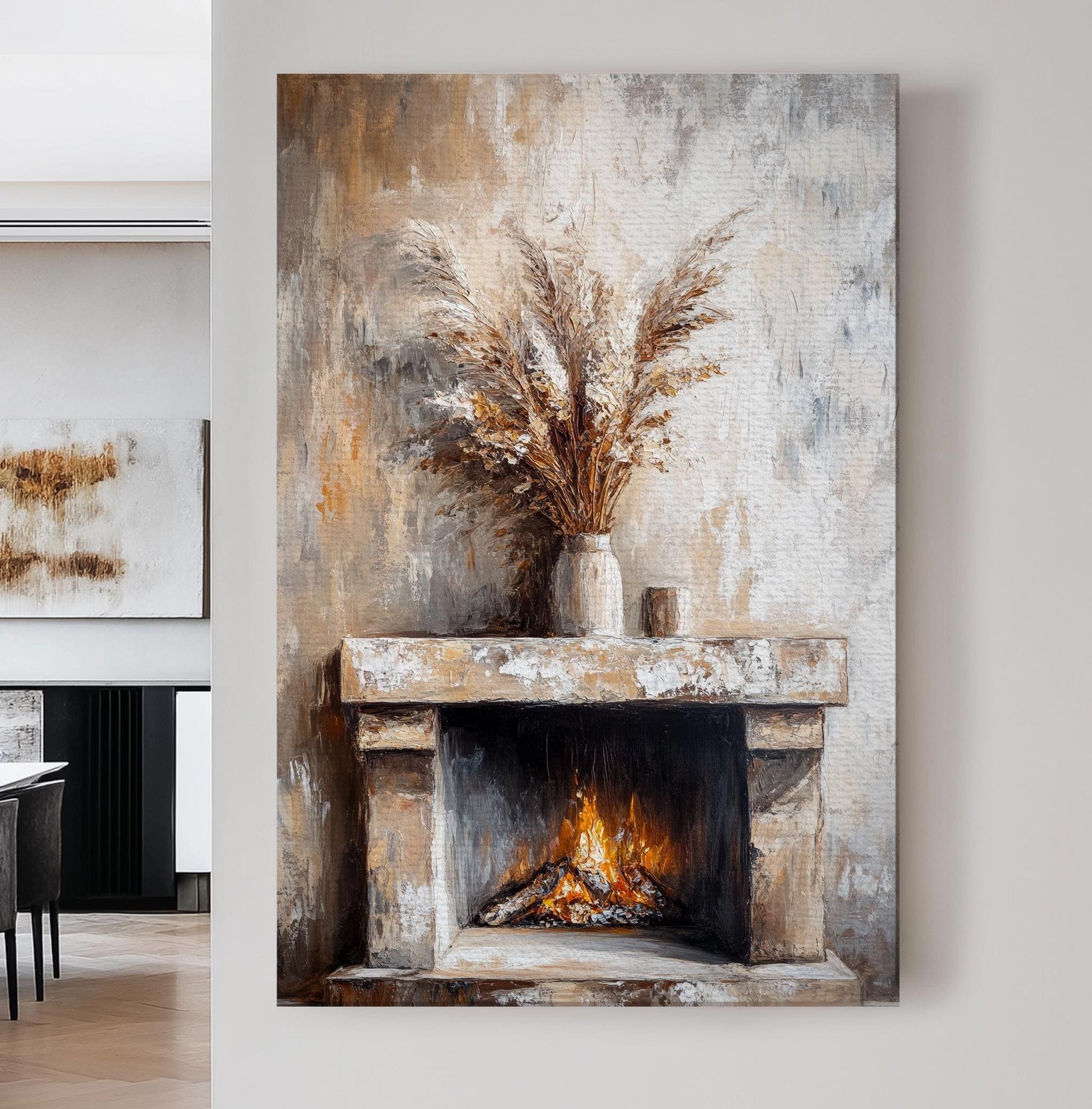 Pampas Grass Fireplace Canvas Art | Impasto Painting Print | Transitional Wall Art For Living Room | Sandstone Hues Art Vertical Canvas