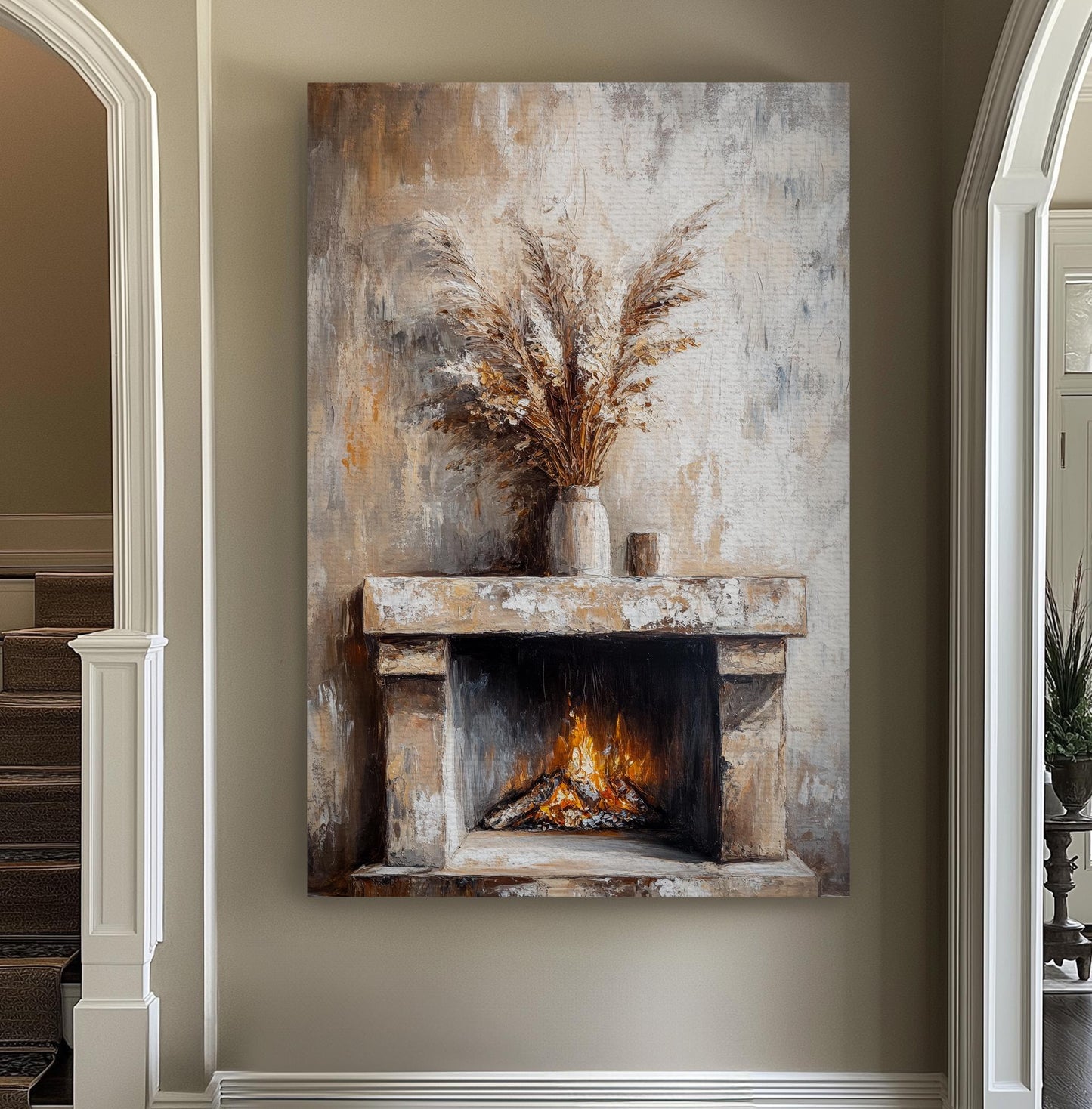 Pampas Grass Fireplace Canvas Art | Impasto Painting Print | Transitional Wall Art For Living Room | Sandstone Hues Art Vertical Canvas